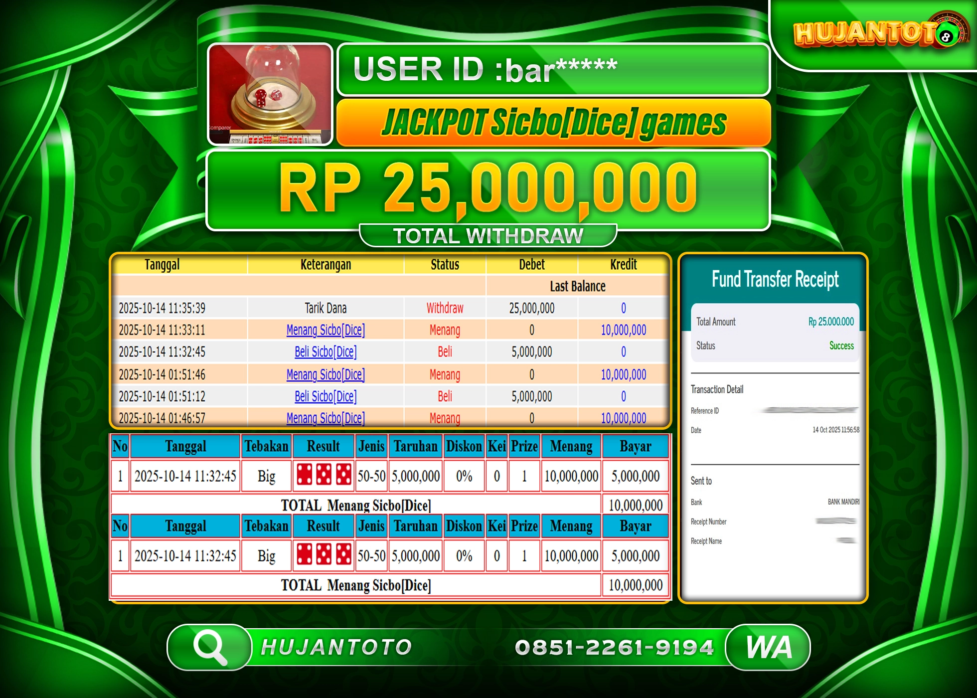 HUJANTOTO - BUKTI JACKPOT MENANG LIVE SICBO DICE GAMES Rp.25,000,000 - TERBAYAR LUNAS