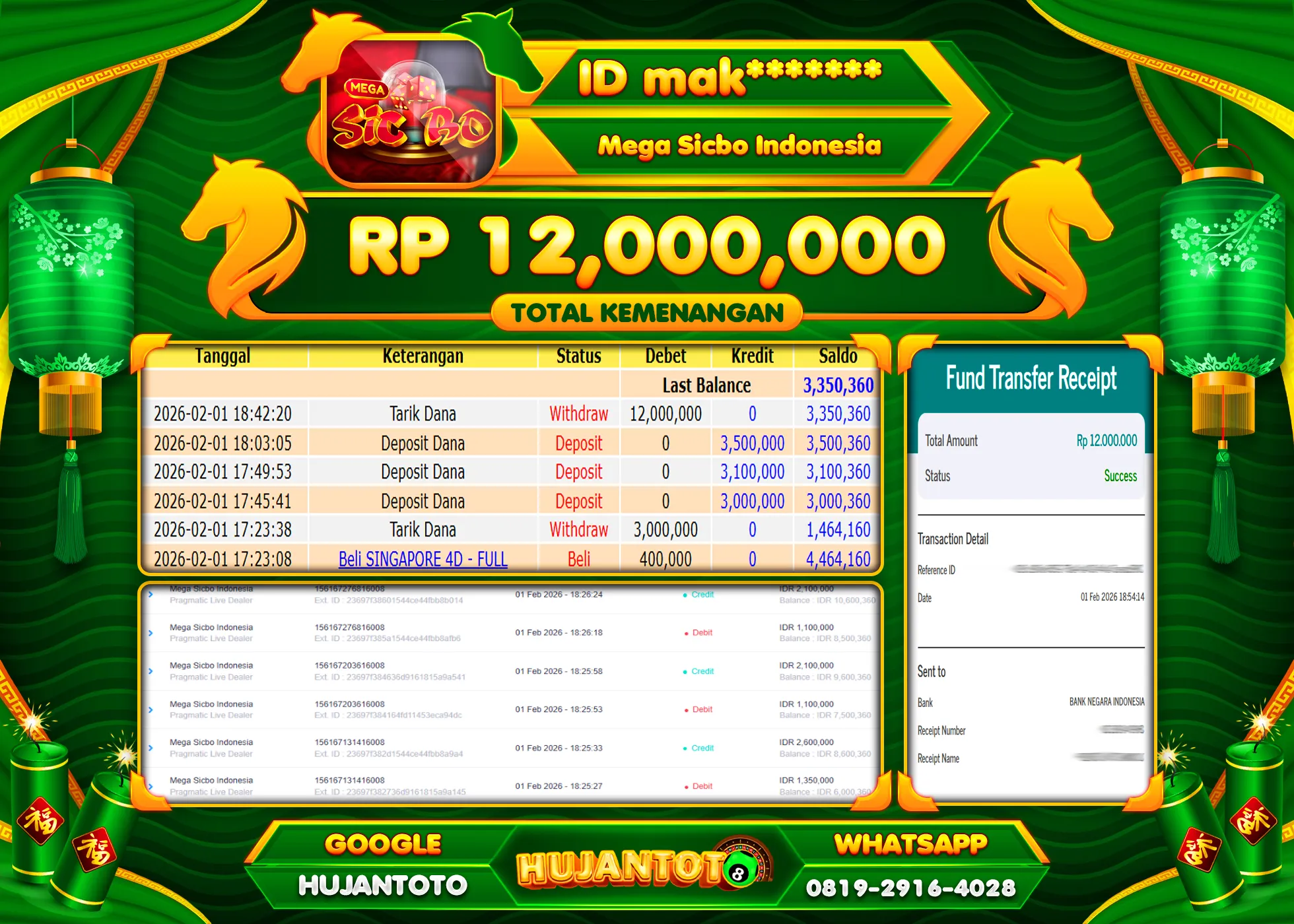 HUJANTOTO - BUKTI JACKPOT MENANG LIVEGAME MEGA SICBO INDONESIA Rp.12,000,000 - TERBAYAR LUNAS