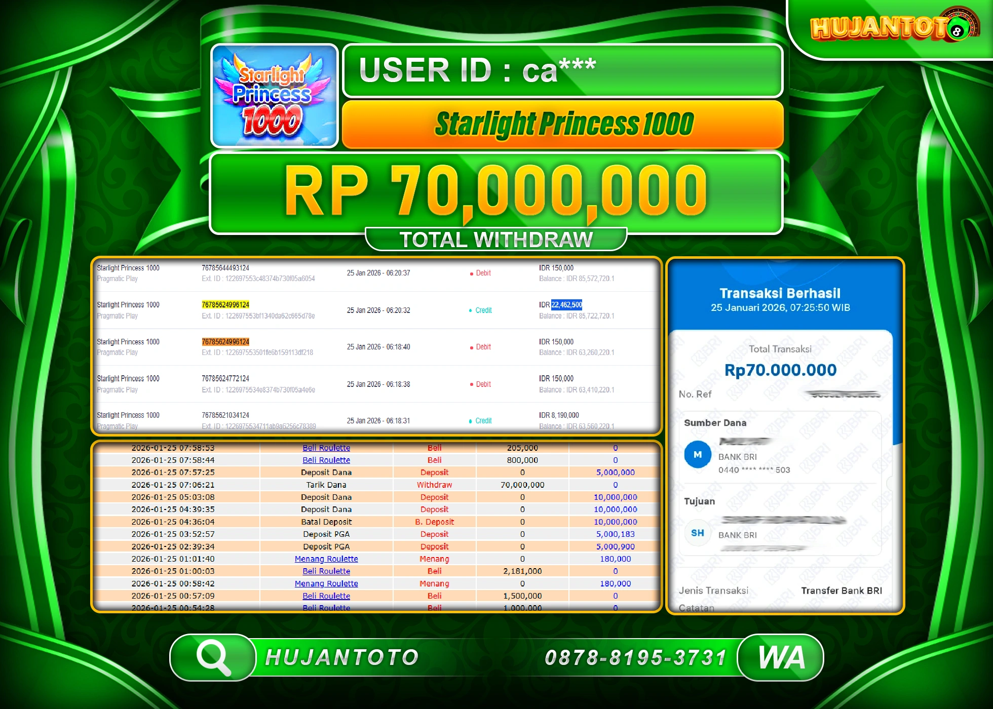 HUJANTOTO - BUKTI JACKPOT MENANG SLOT STARLIGHT PRINCESS 1000 Rp.70,000,000 - TERBAYAR LUNAS