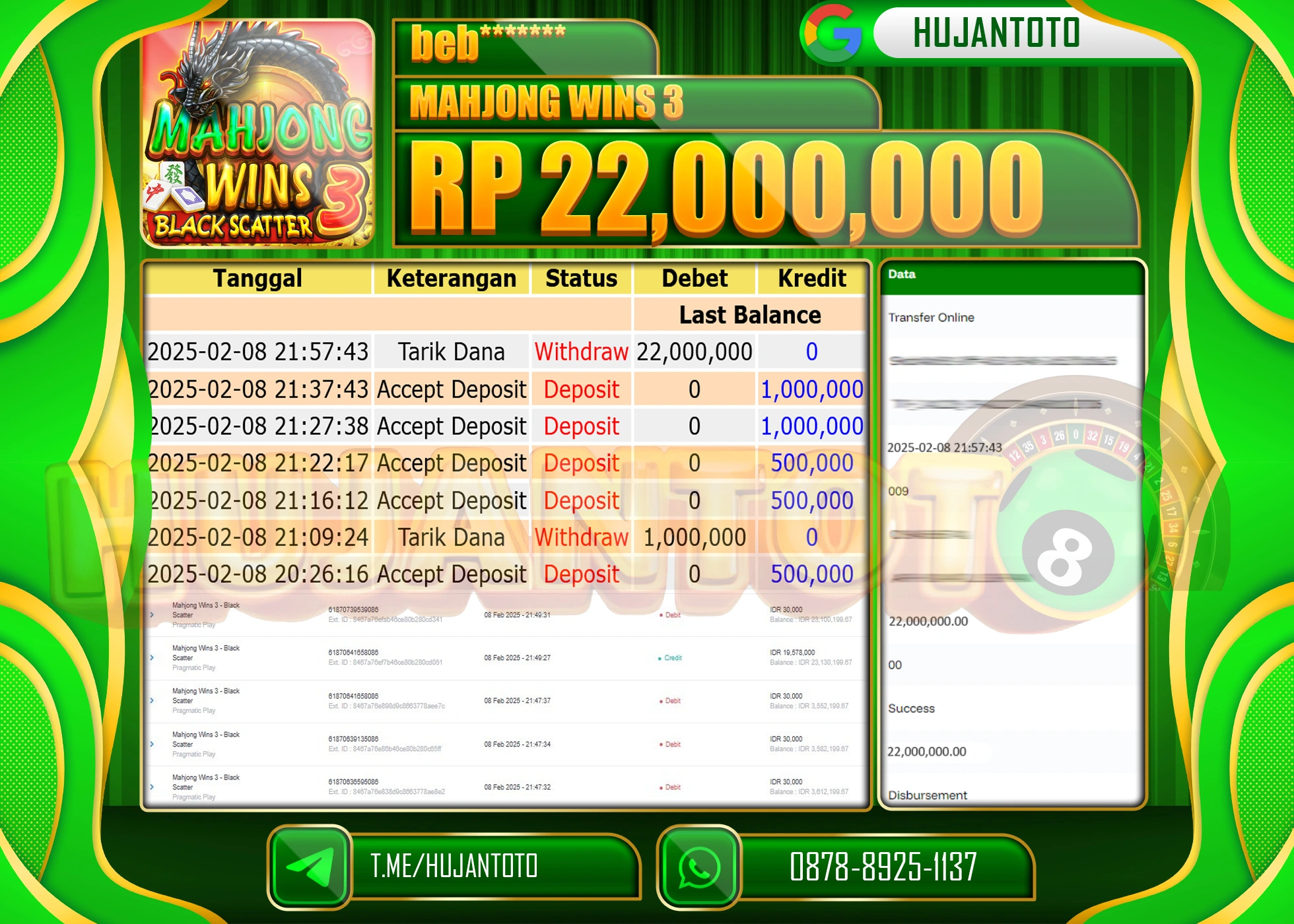 HUJANTOTO - BUKTI JACKPOT MENANG SLOT MAHJONG WINS 3 Rp, 22,000,000 - TERBAYAR LUNAS