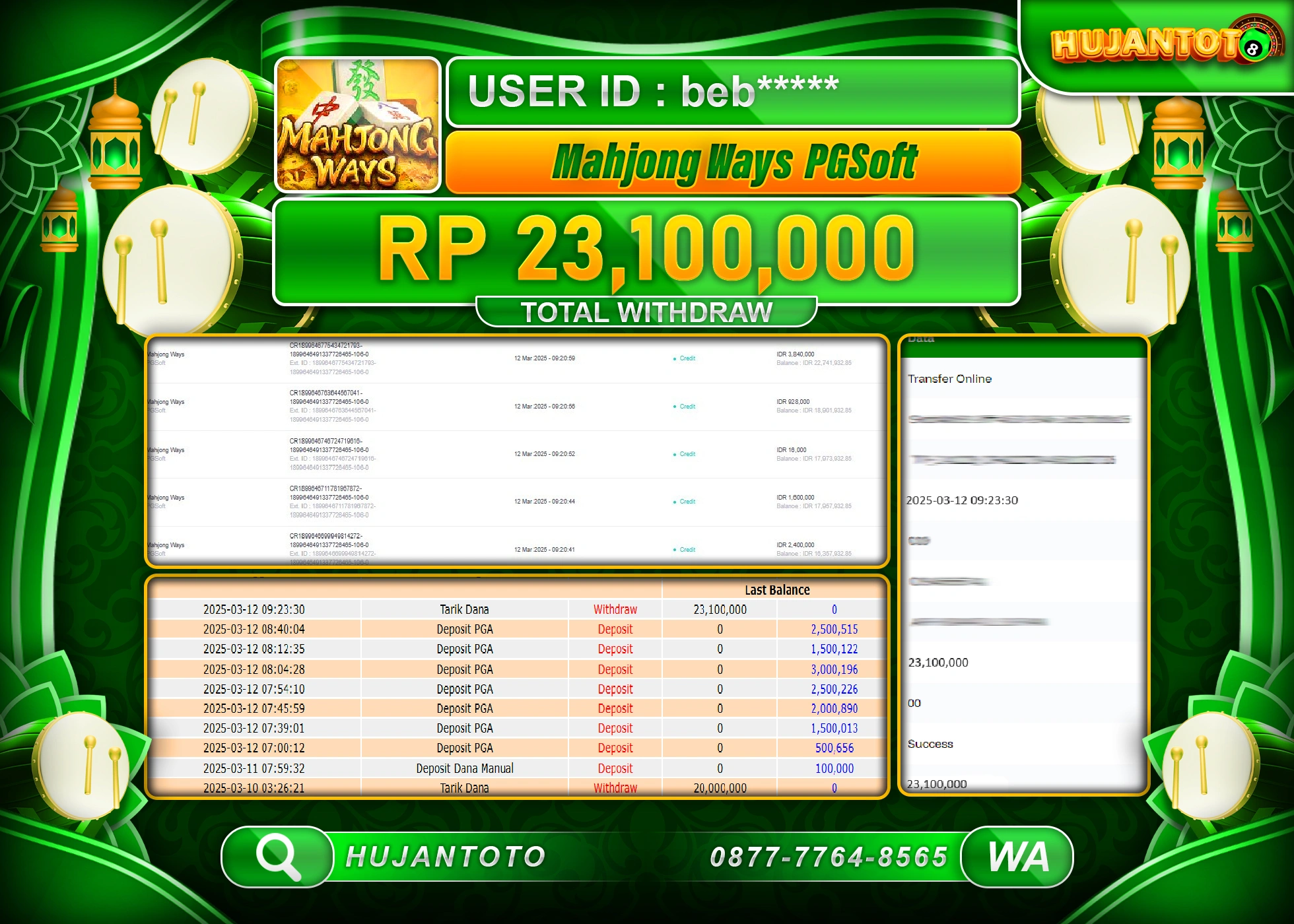 HUJANTOTO - BUKTI JACKPOT MENANG SLOT MAHJONG WAYS Rp,23,100,000 - TERBAYAR LUNAS