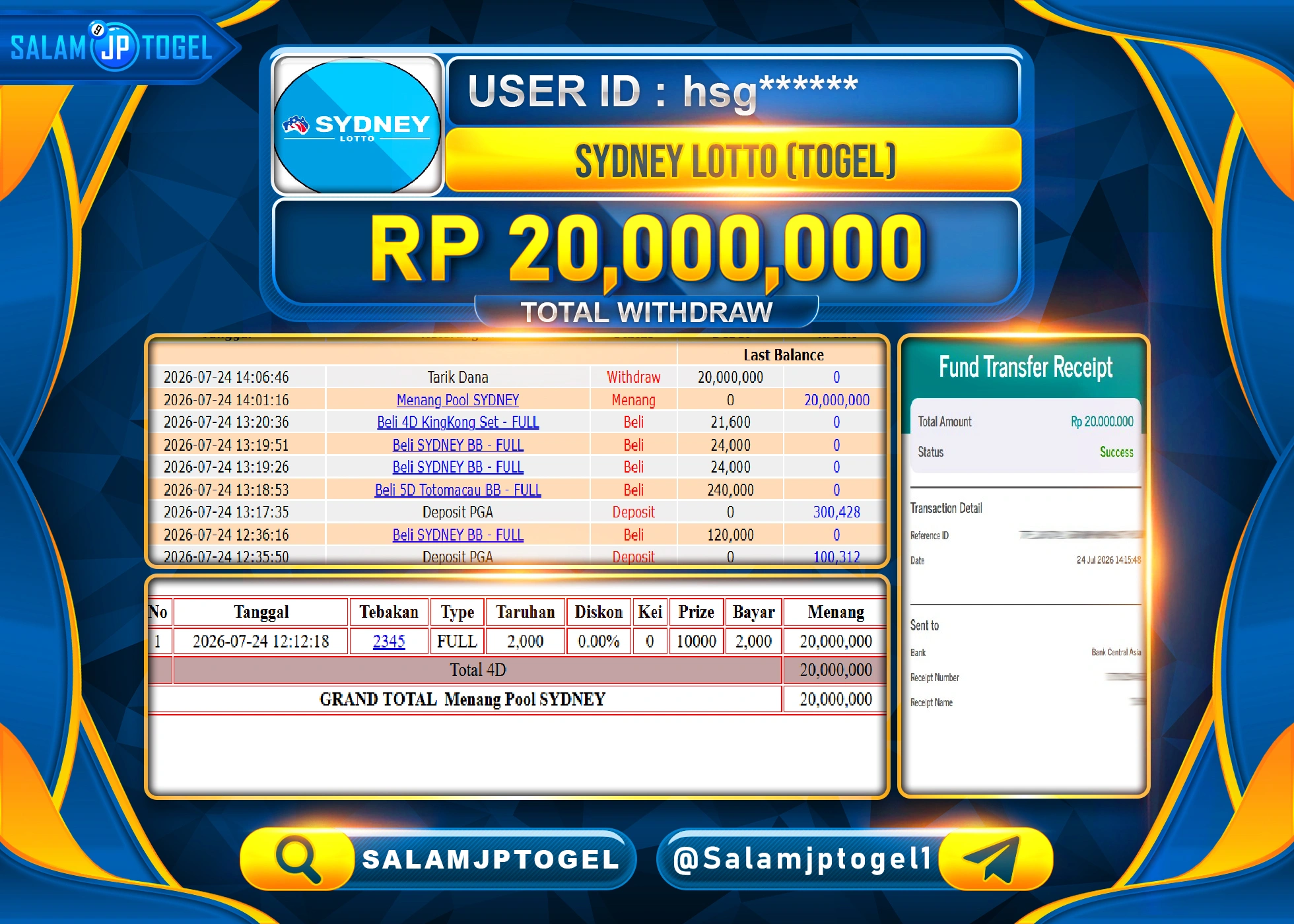 SALAMJPTOGEL JACKPOT MENANG TOGEL SYDNEY LOTTO Rp.20,000,000 - LUNAS
