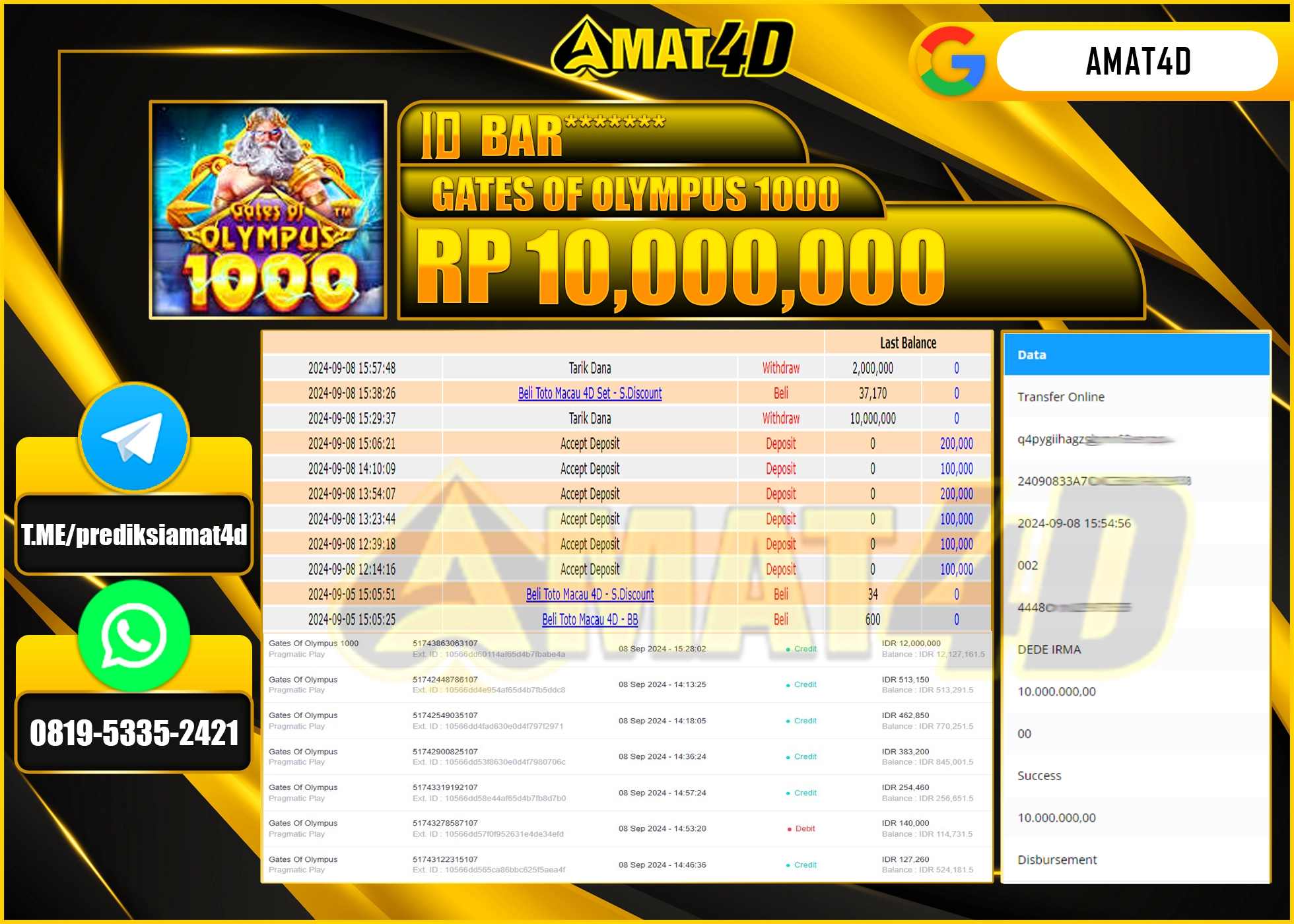 AMAT4D JACKPOT SLOT GATES OF OLYMPUS 1000 Rp.10.000.000 BERHASIL DI BAYAR LUNAS