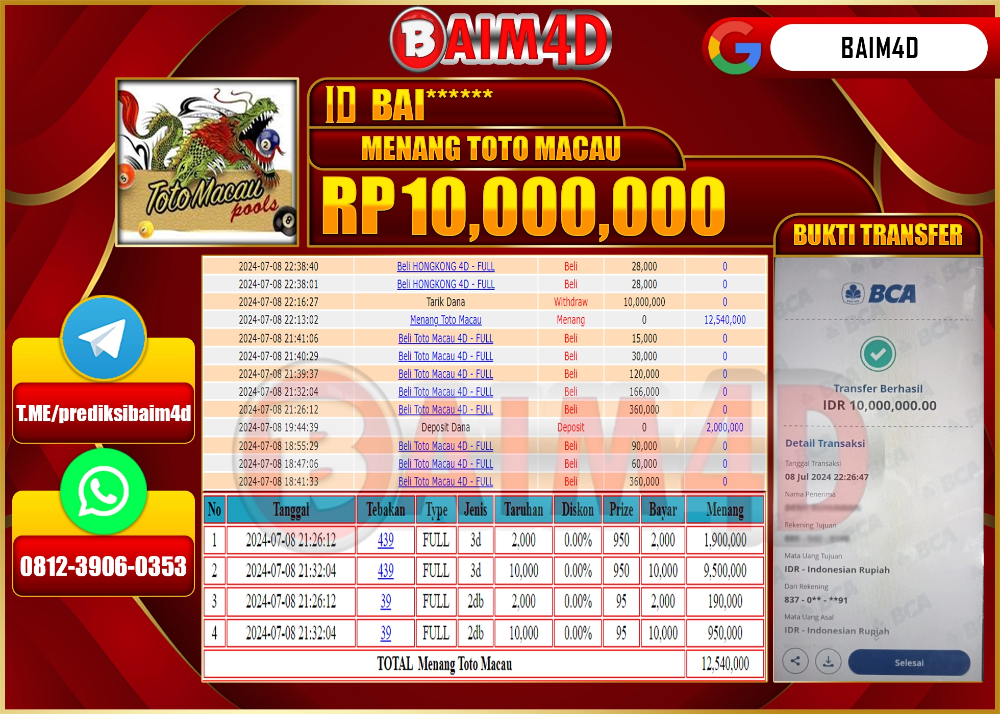 BAIM4D JACKPOT  DI TOTO MACAU Rp.10.000,000.- LUNAS