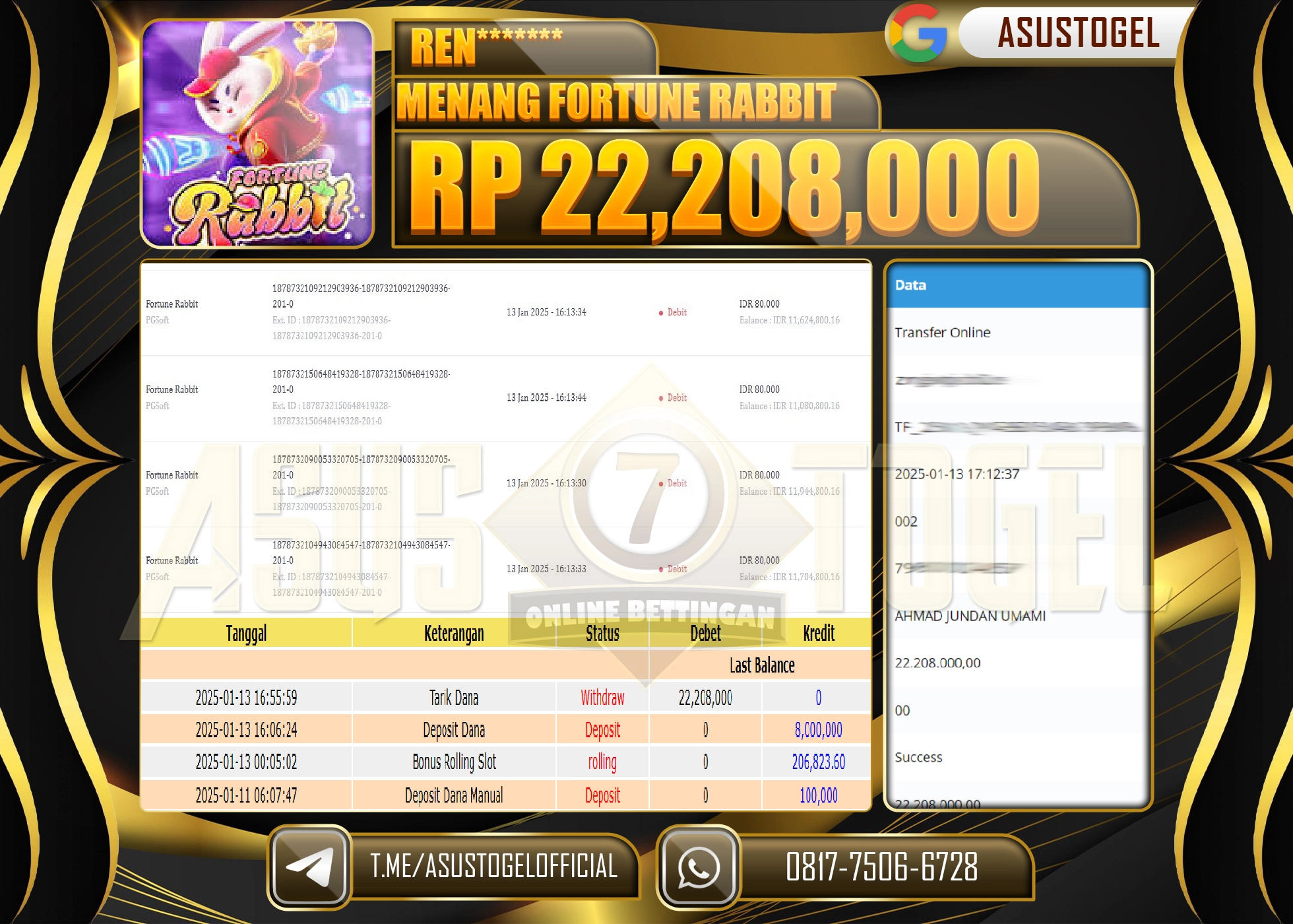 ASUSTOGEL KEMENANGAN DI SLOT FORTUNE RABBIT SEBESAR 22.208.000 - RUPIAH LUNAS