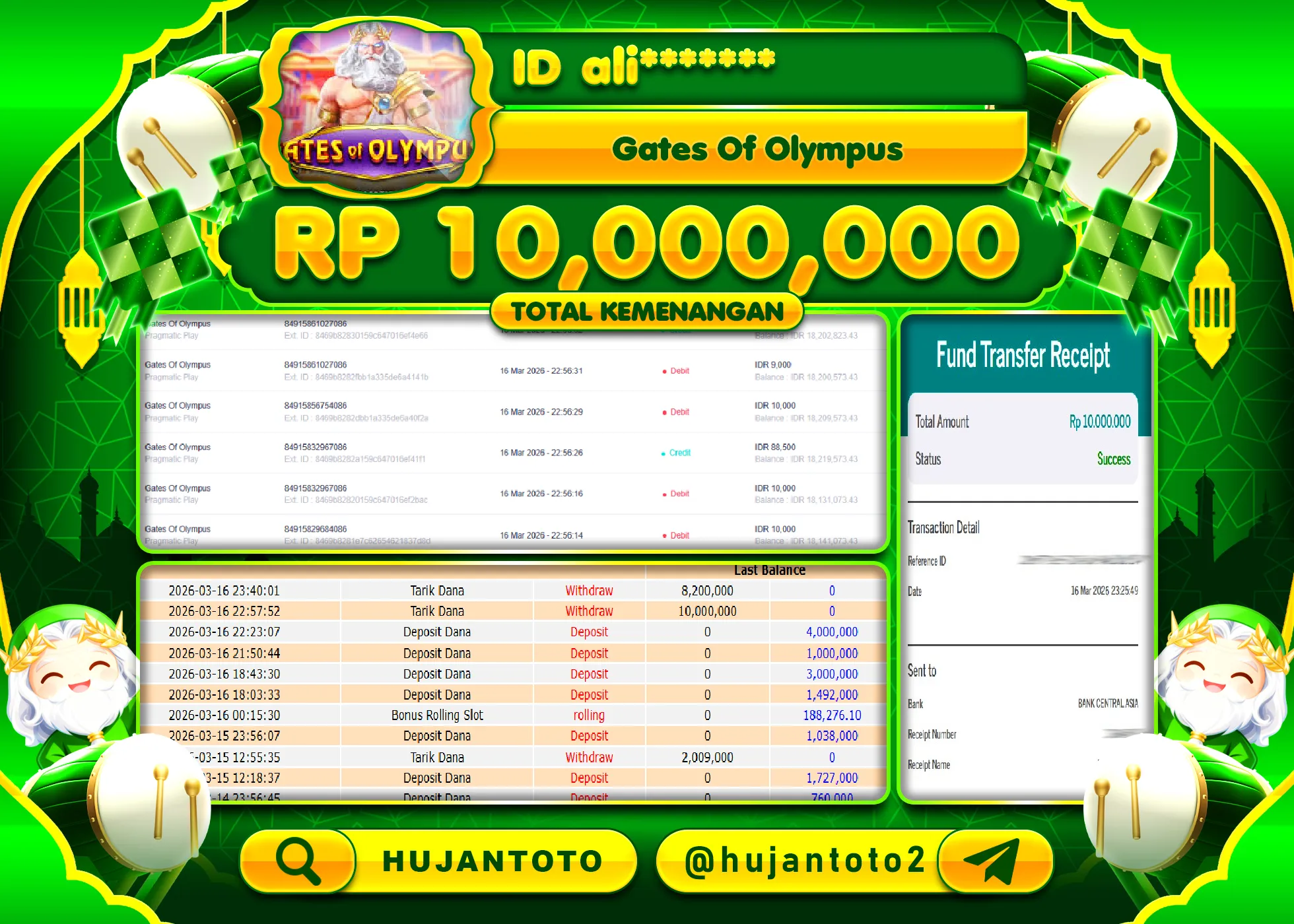 HUJANTOTO - BUKTI JACKPOT MENANG SLOT GATES OF OLYMPUS Rp.10,000,000 - TERBAYAR LUNAS