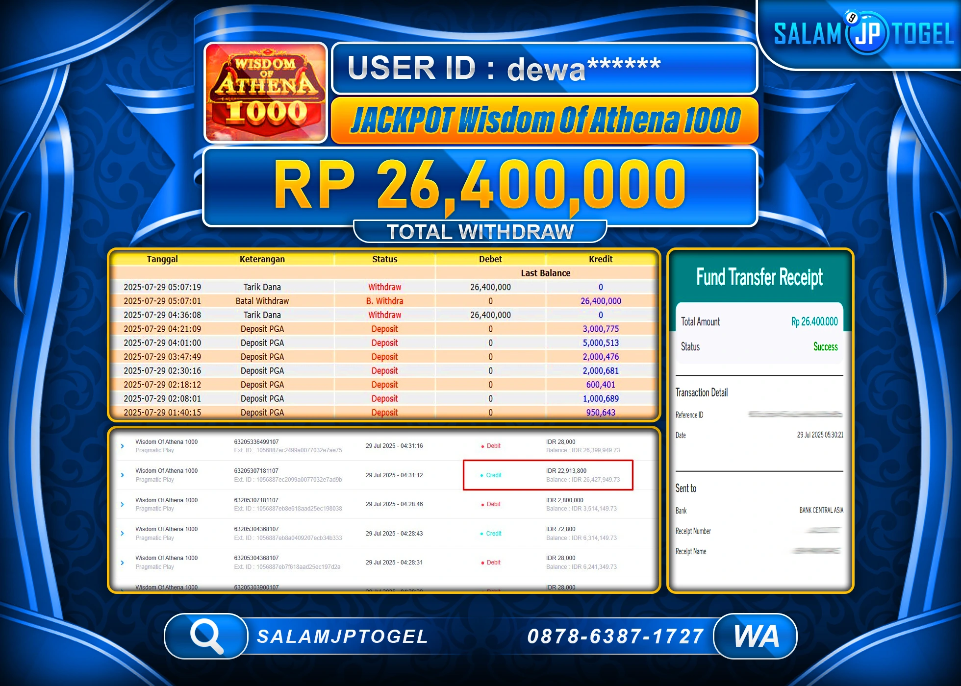SALAMJPTOGEL MENANG WISDOM OF ATHENA 1000  Rp.26,400,000