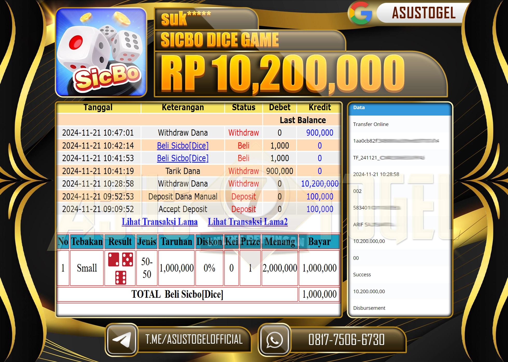 ASUSTOGEL KEMENANGAN DI PG SOFT GAMES SICBO DICE SEBESAR 10,200,000- RUPIAH LUNAS