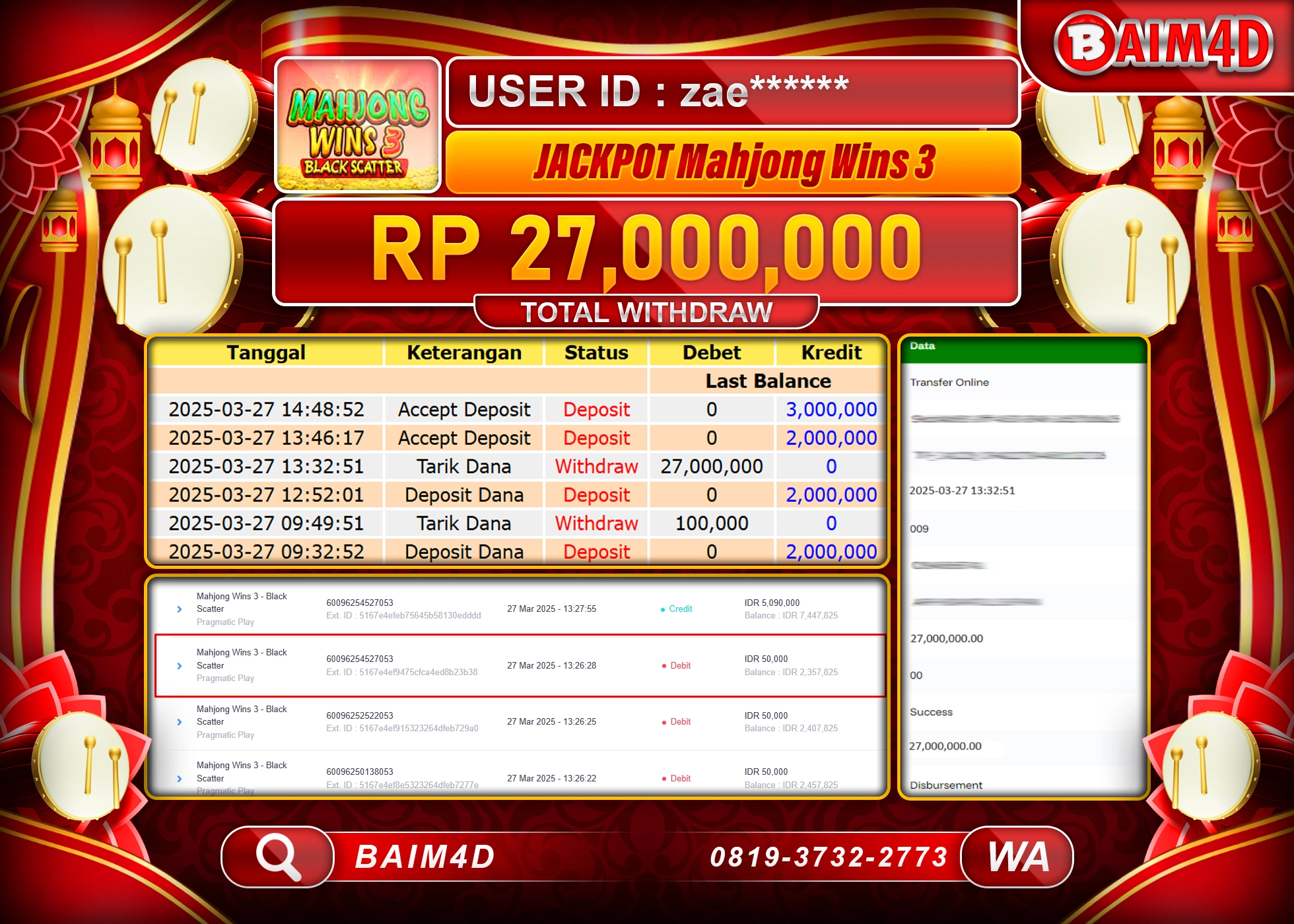 BAIM4D  MENANG JACKPOT MAJONG WINS 3  1000 Rp.27.000,000.- LUNAS