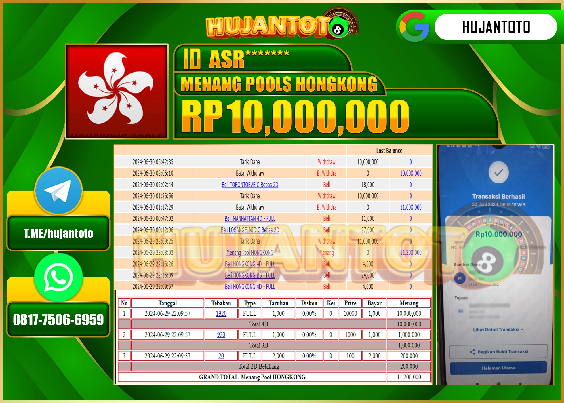 HUJANTOTO MENANG TOGEL HONGKONG POOLS 10,000,000 - LUNAS 