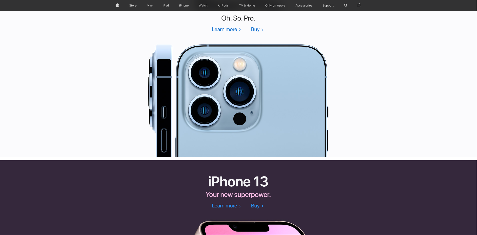At the top navigation menu bar, we see the standard black that apple is known for. The luxury and power that it holds within its industry. We go down below that to see a white background that will have your attention go to the blue iphone which represents trust, while its supporting its title
