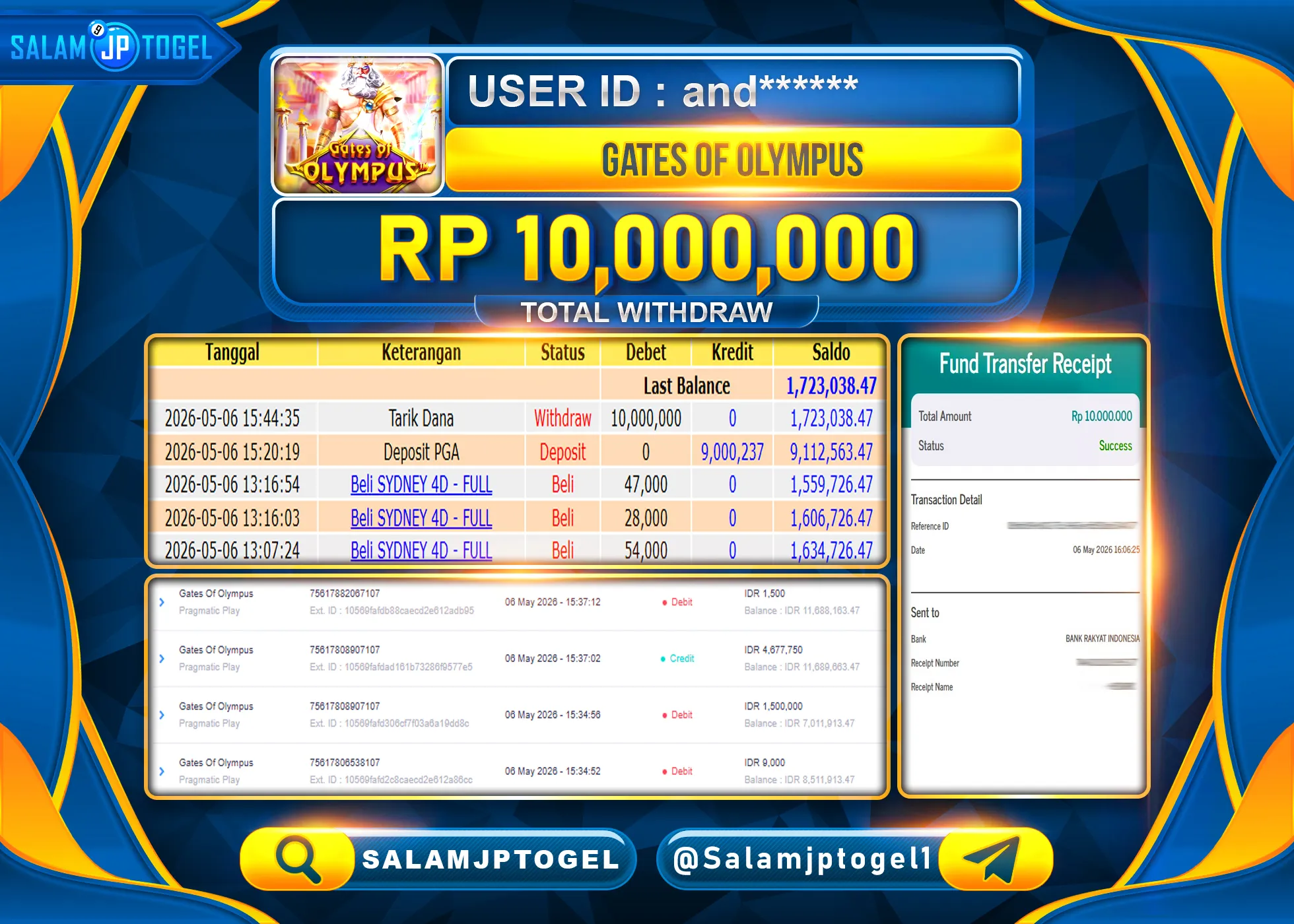 SALAMJPTOGEL MENANG Gates Of Olympus (Pragmatic Play) Rp.10,000,000- LUNAS