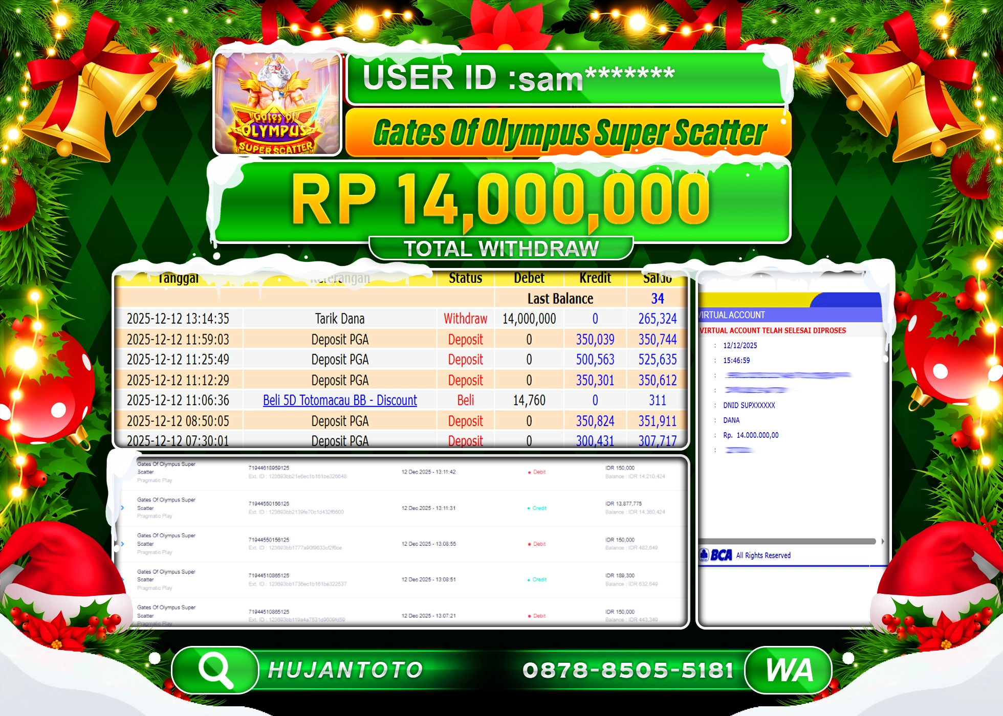 HUJANTOTO - BUKTI JACKPOT MENANG SLOT GATES OF OLYMPUS SUPER SCATTER Rp.14,000,000 - TERBAYAR LUNAS