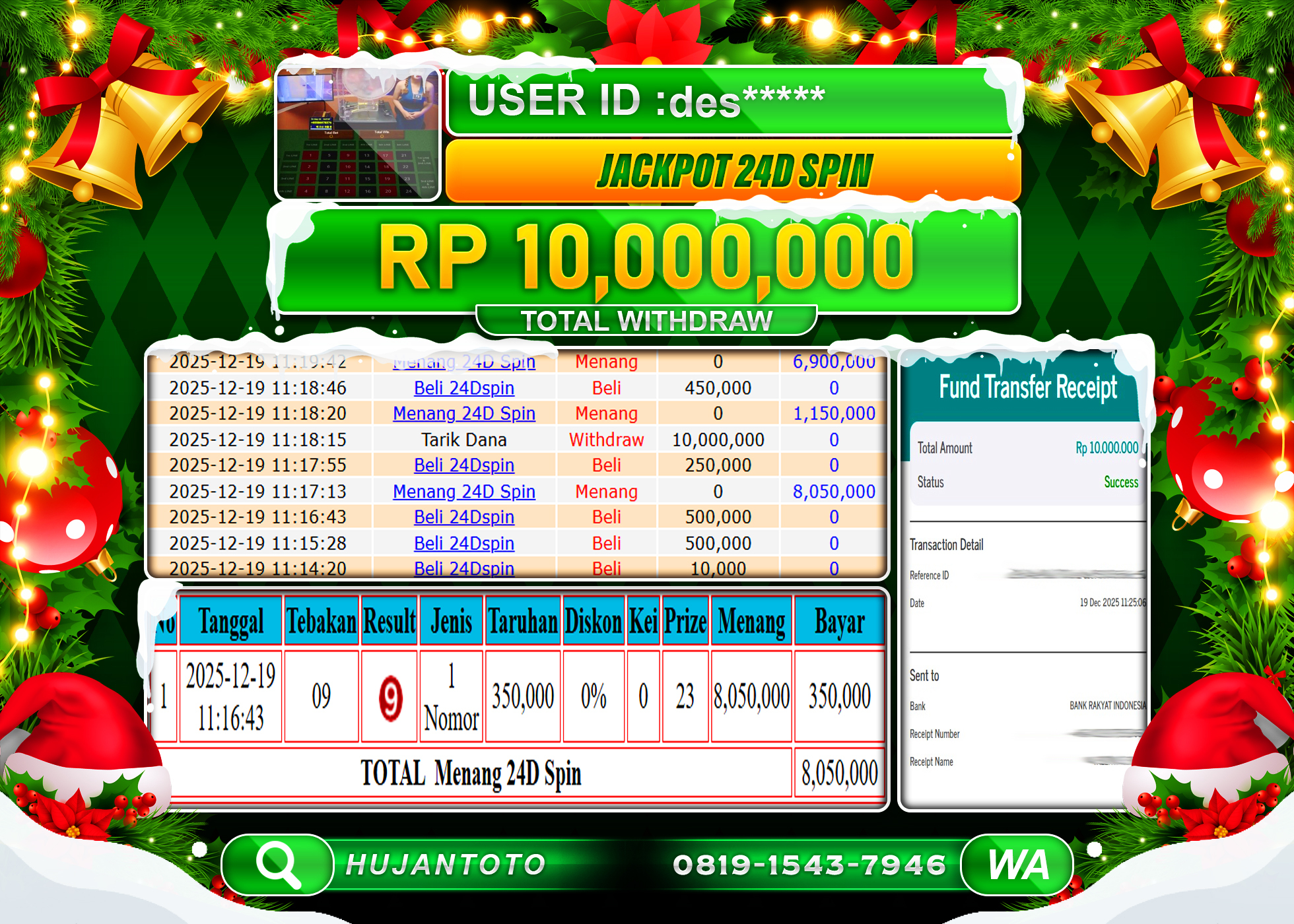 HUJANTOTO - BUKTI JACKPOT MENANG LIVEGAMES JP 24 D SPIN Rp.10,000,000 - TERBAYAR LUNAS