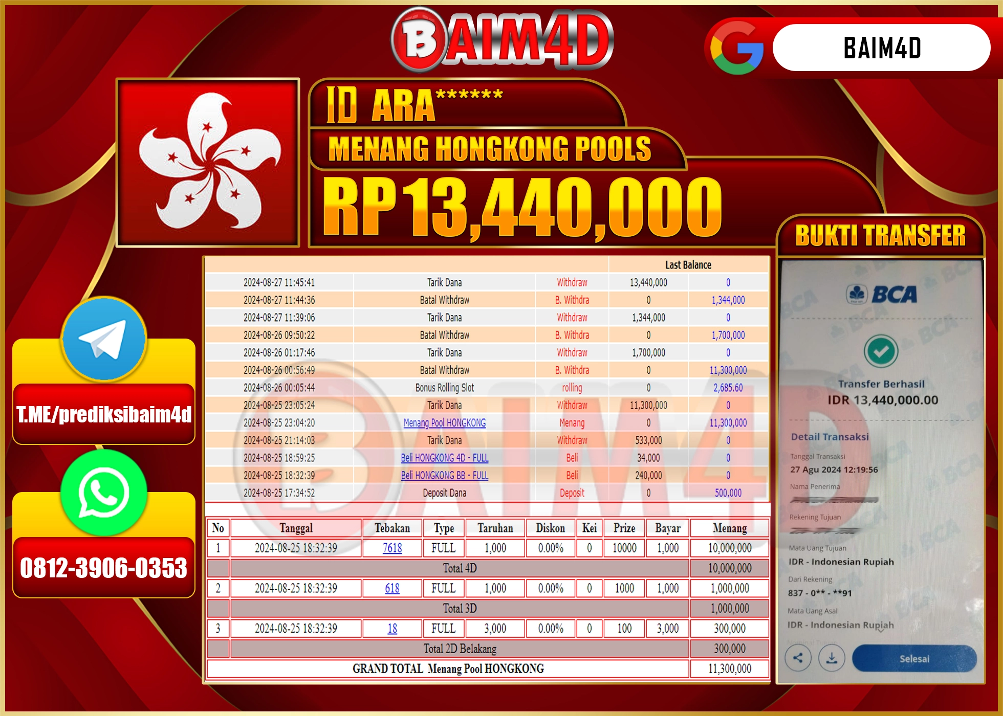BAIM4D JACKPOT MENANG HONGKONG POOLS Rp.13.440,000.- LUNAS