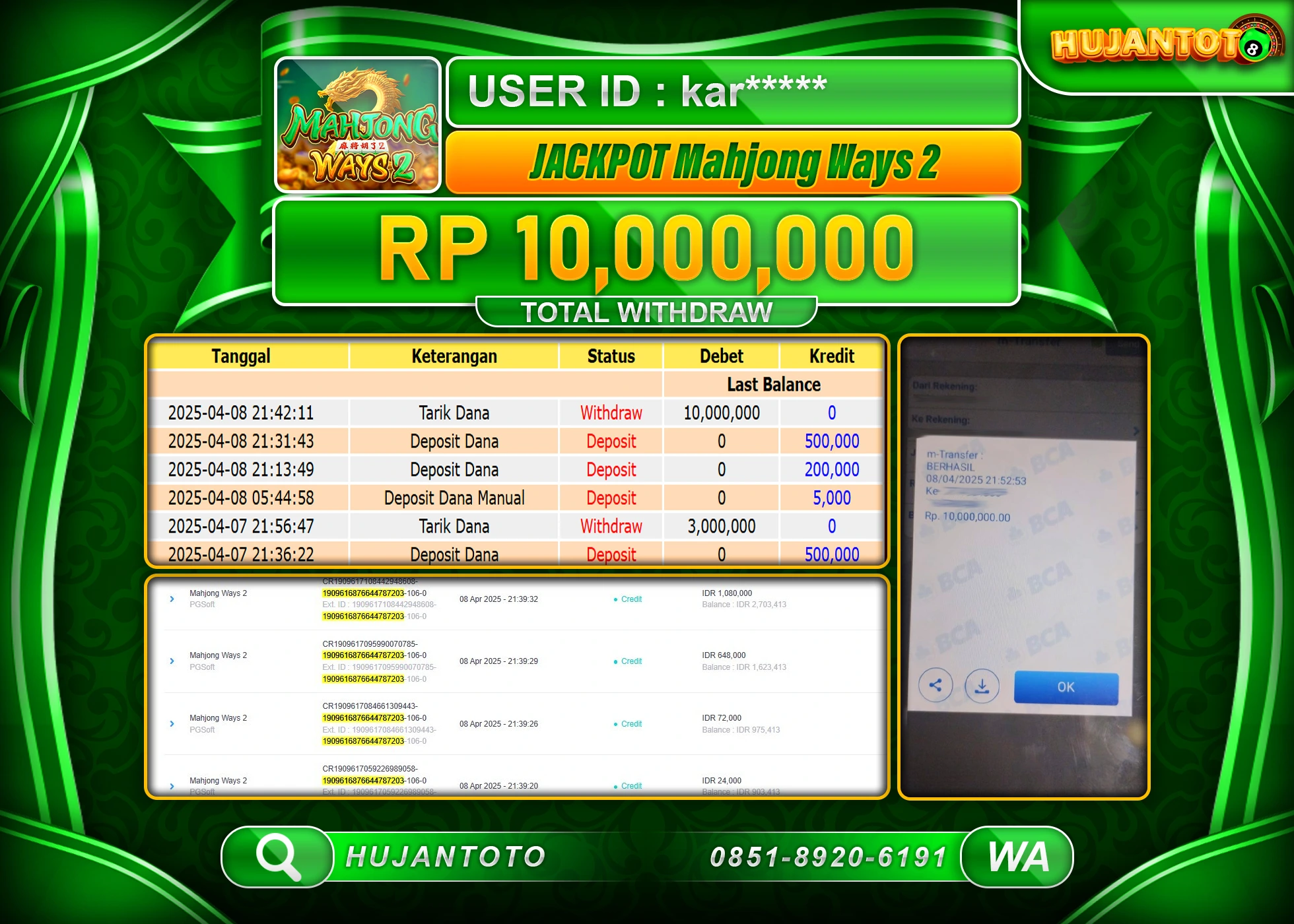HUJANTOTO - BUKTI JACKPOT MENANG SLOT MAHJONG WAYS 2 Rp,10,000,000 - TERBAYAR LUNAS