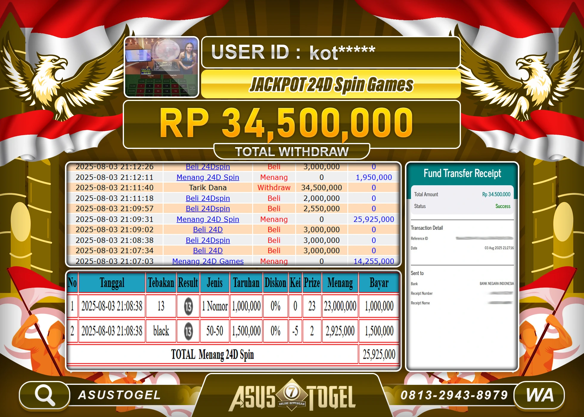 ASUSTOGEL KEMENANGAN DI LIVEGAME 24D SPIN SEBESAR 34,500,000- RUPIAH LUNAS