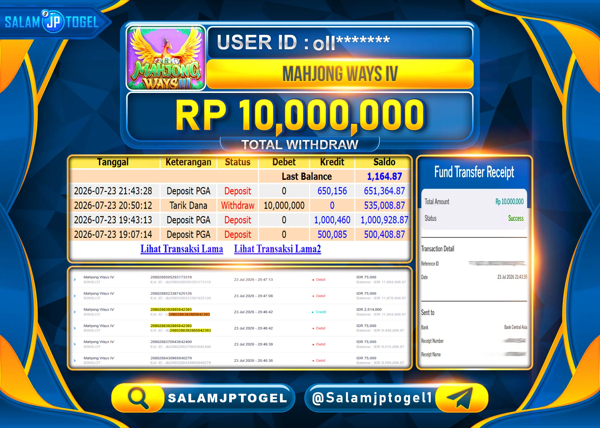SALAMJPTOGEL JACKPOT MENANG SLOT MAHJONG WAYS IV  Rp.10,000,000 - LUNAS