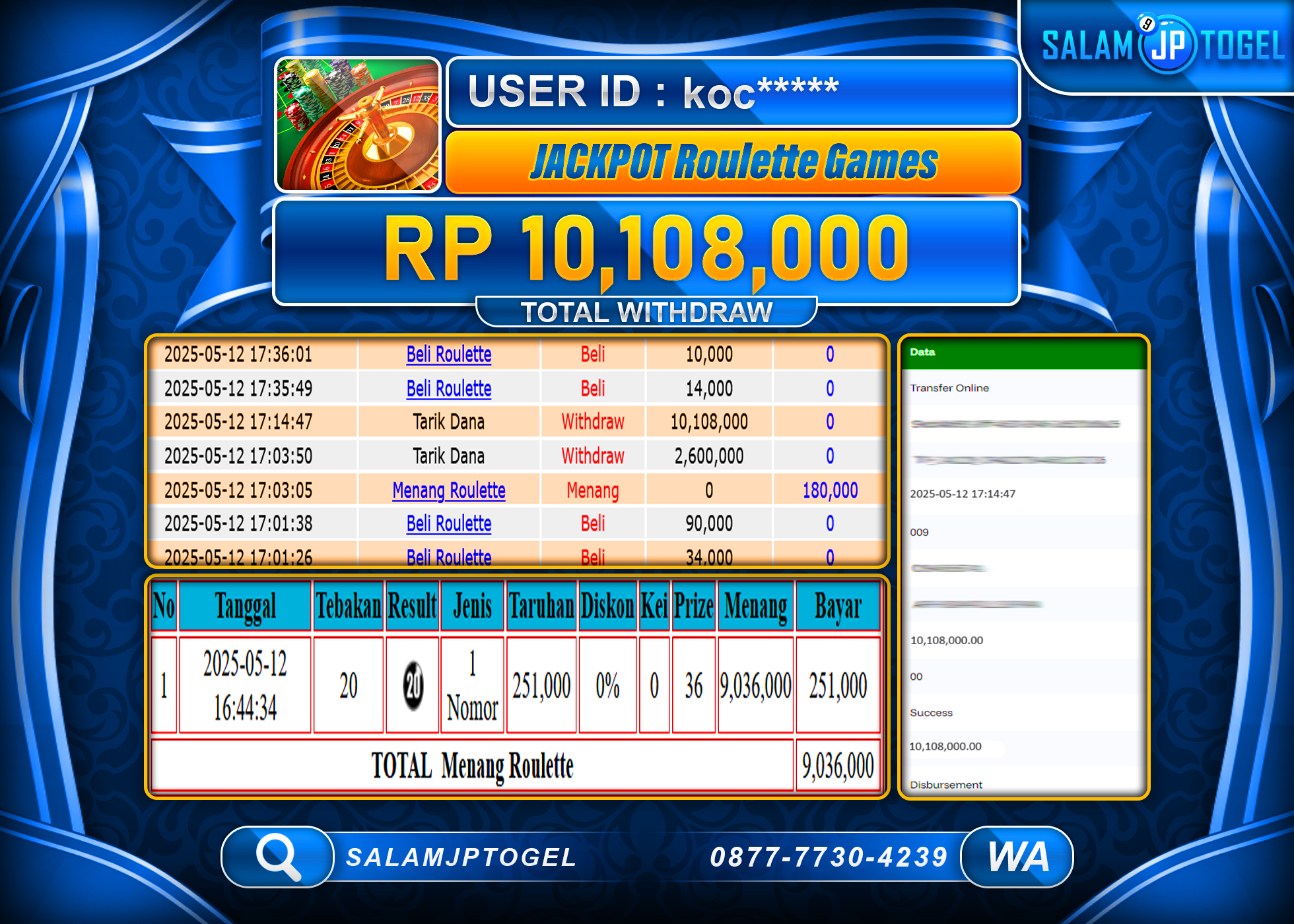 SALAMJPTOGEL MENANG ROULETTE GAMES Rp.10,108,000 LUNAS