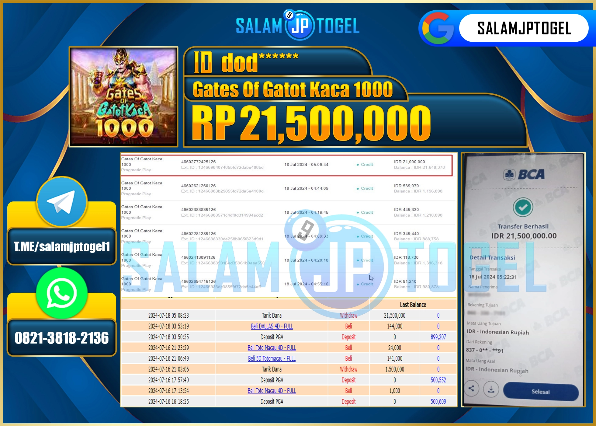 SALAMJPTOGEL MENANG Gates Of Gatot Kaca 1000 RP. 21,500,000.,LUNAS