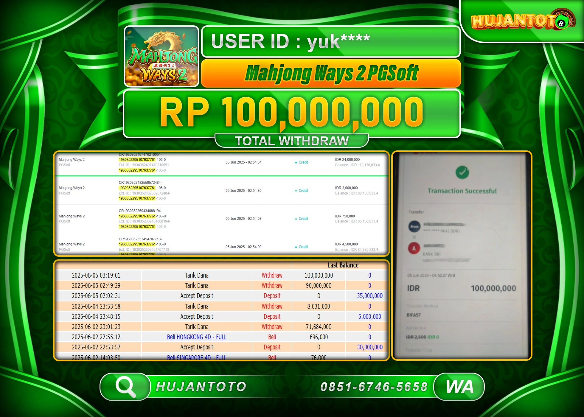 HUJANTOTO - BUKTI JACKPOT MENANG SLOT MAHJONG WAYS 2 Rp.100,000,000 - TERBAYAR LUNAS