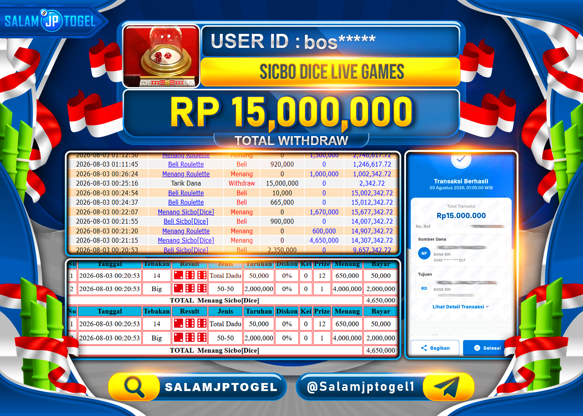 SALAMJPTOGEL JACKPOT MENANG Sicbo[Dice]  (LIVE GAME)  Rp.15,000,000 - LUNAS