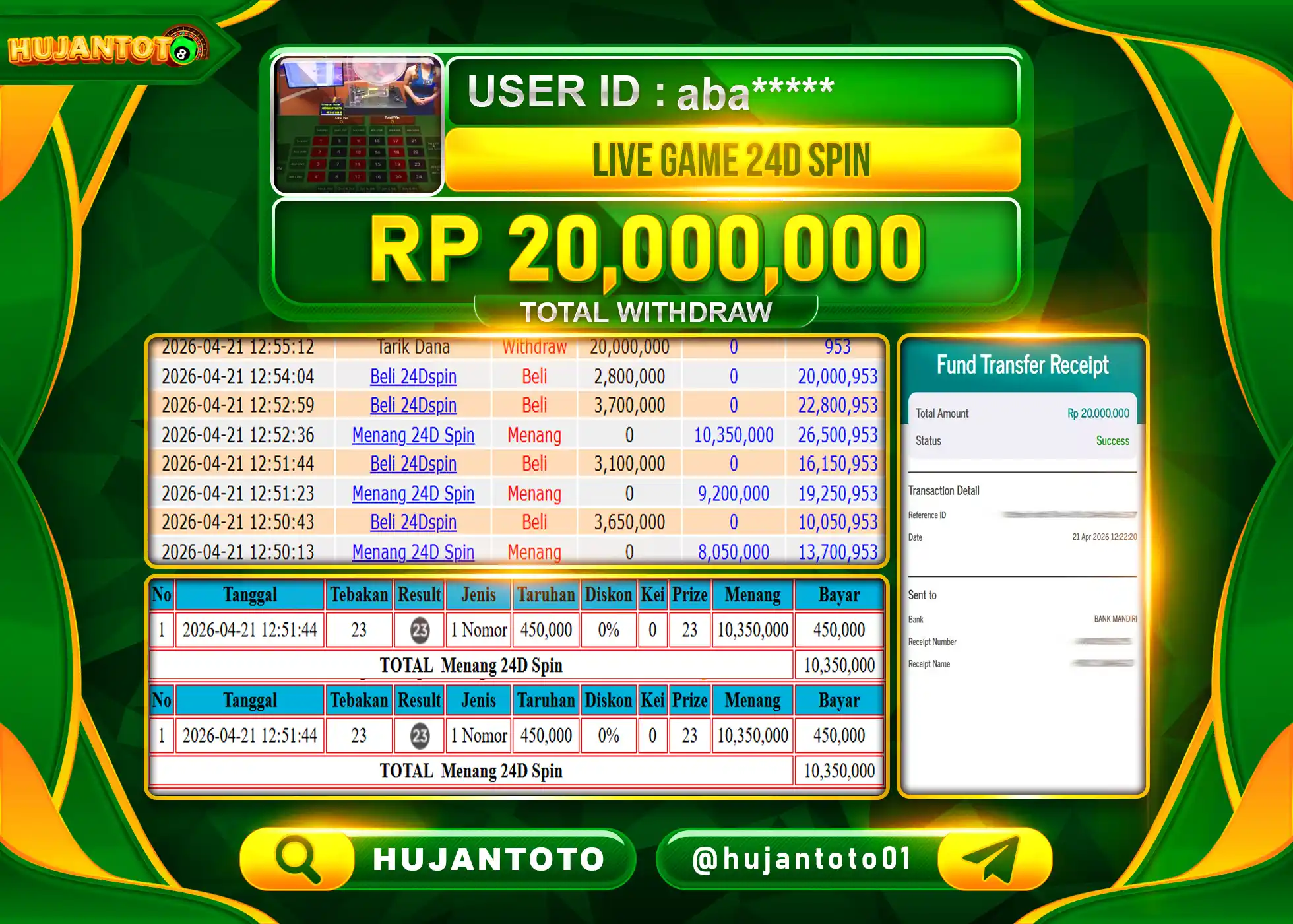 HUJANTOTO - BUKTI JACKPOT MENANG LIVEGAME 24D SPIN Rp.20,000,000 - TERBAYAR LUNAS