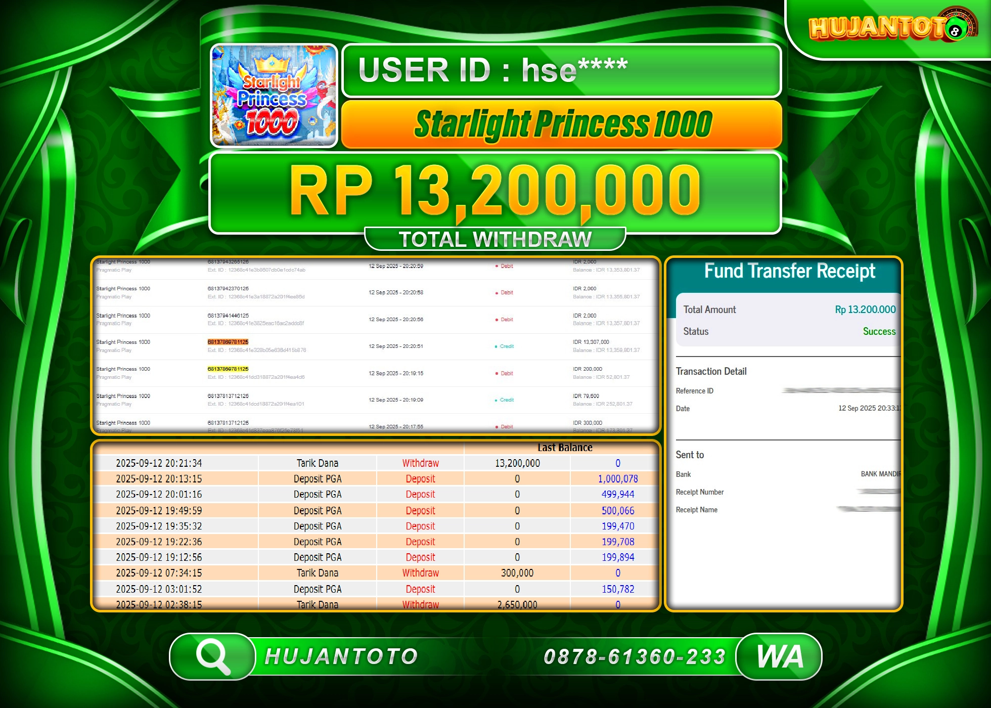 HUJANTOTO - BUKTI JACKPOT MENANG SLOT STARLIGHT PRINCESS  Rp.13,200,000 - TERBAYAR LUNAS