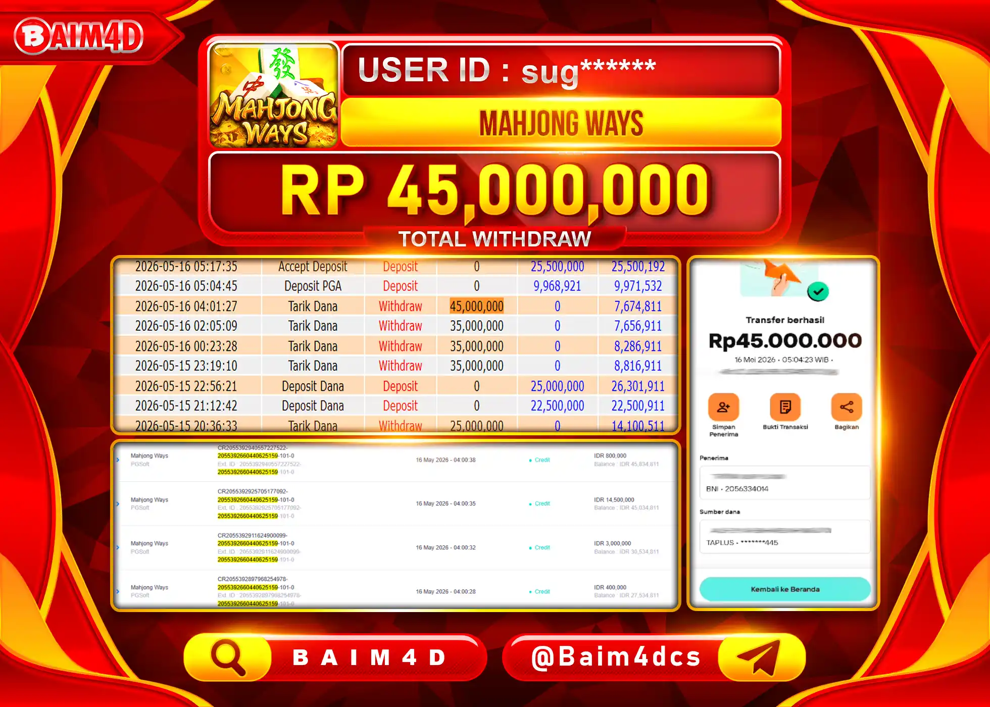 BAIM4D JACKPOT SLOT MAHJONG WAYS 2 Rp.45,000,000 - LUNAS