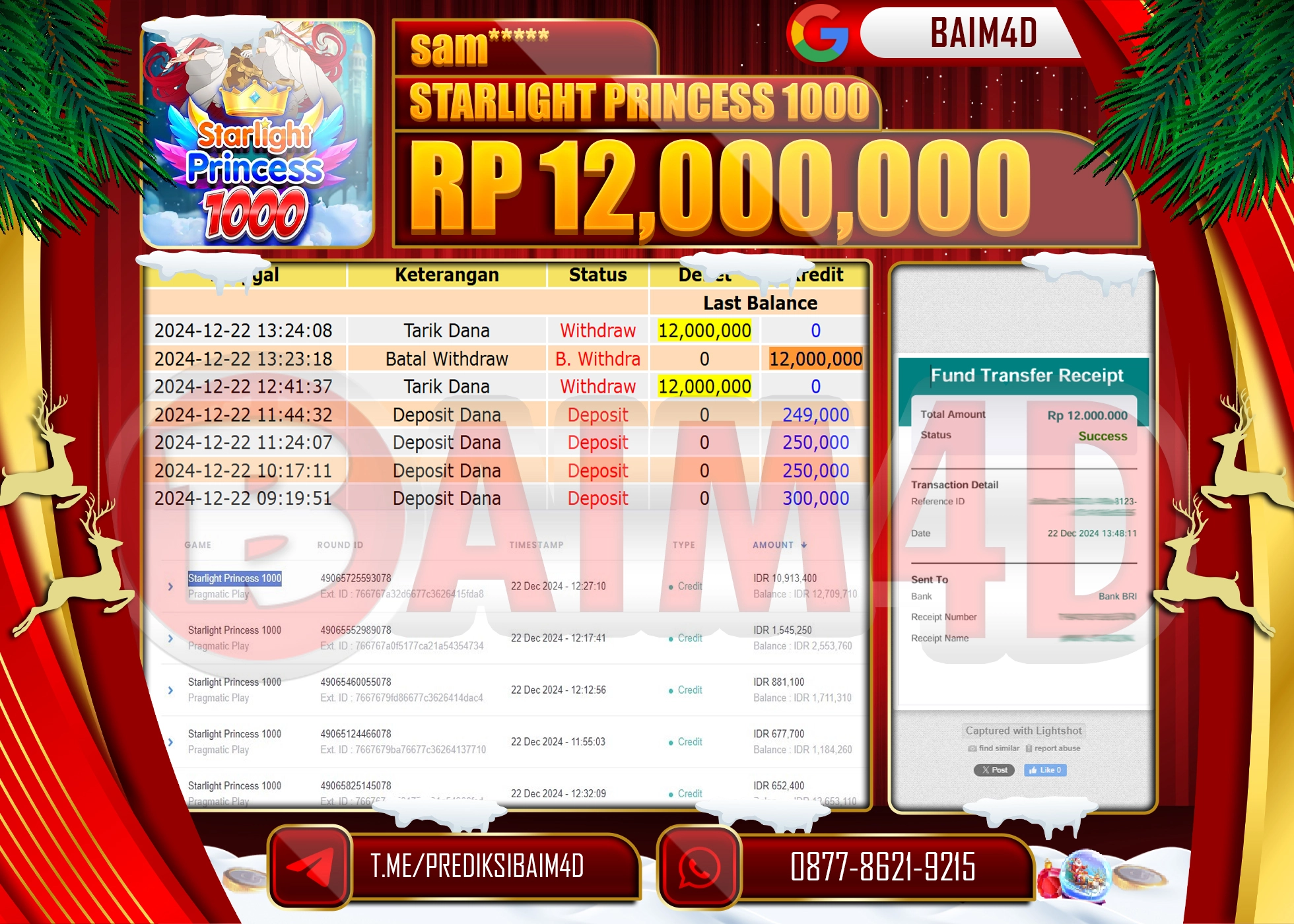 BAIM4D JACKPOT STARLIGHT PRINCESS 1000 Rp.12.000,000.- LUNAS