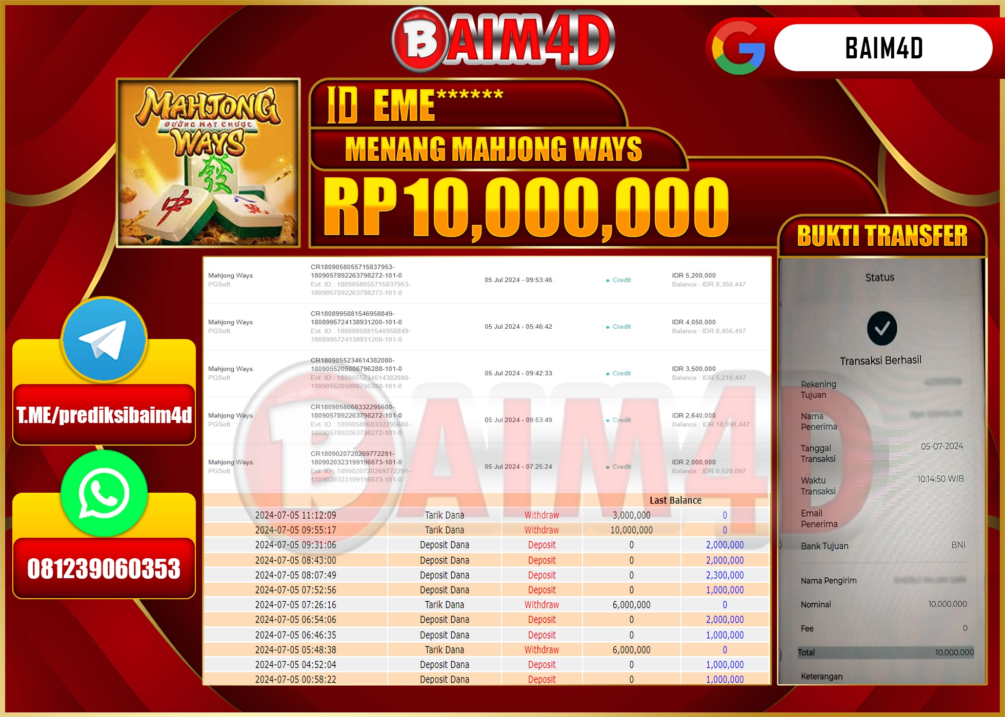 BAIM4D JACKPOT PG SOFT MAHJONG WAYS Rp.10.000,000.- LUNAS