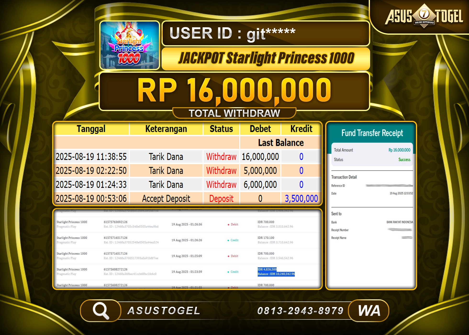 ASUSTOGEL KEMENANGAN DI SLOT STARLIGHT PRINCESS 1000 SEBESAR 16,000,000- RUPIAH LUNAS