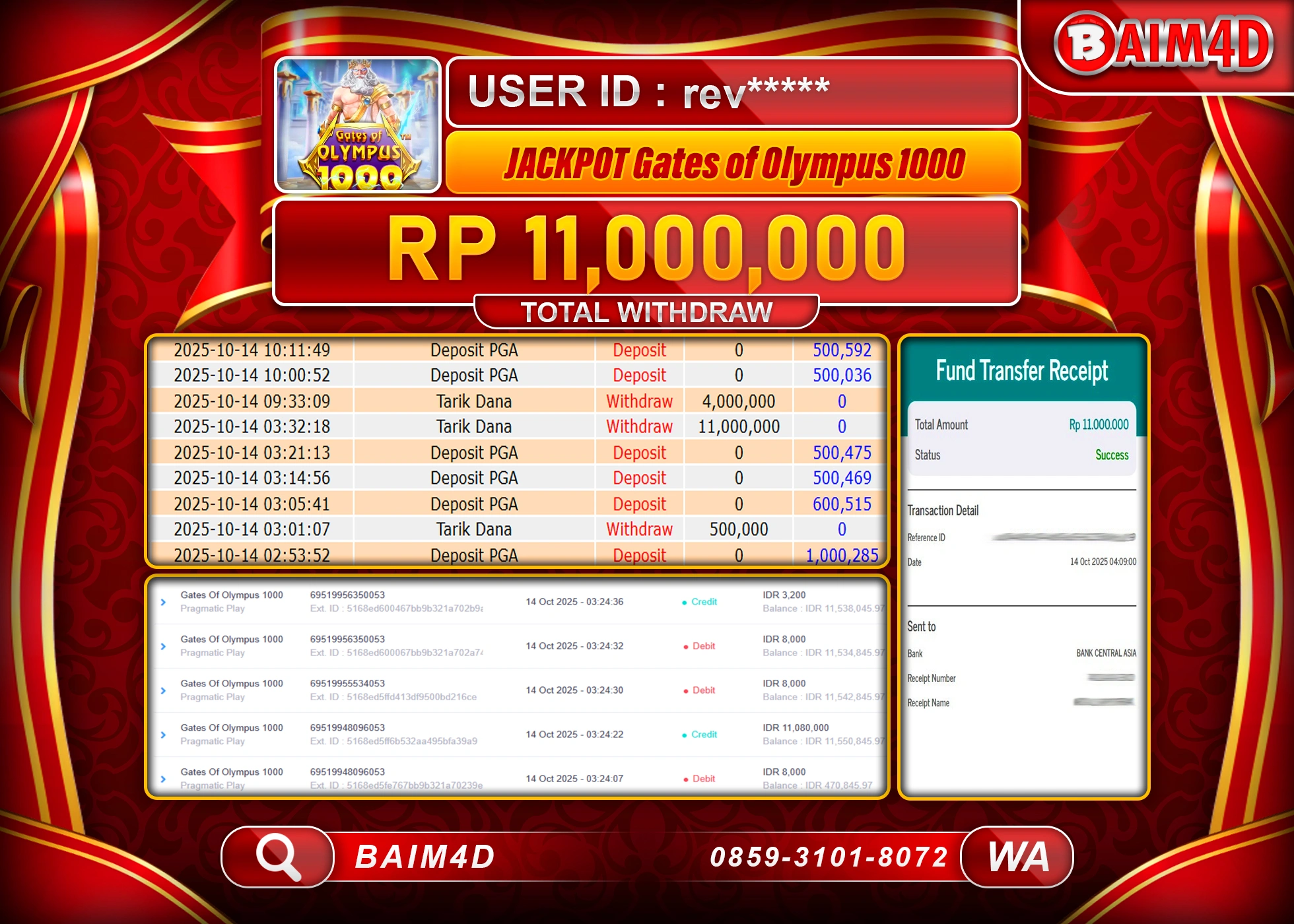 BAIM4D JACKPOT SLOT GATES OF OLYMPUS 1000 Rp.11,000,000.- LUNAS