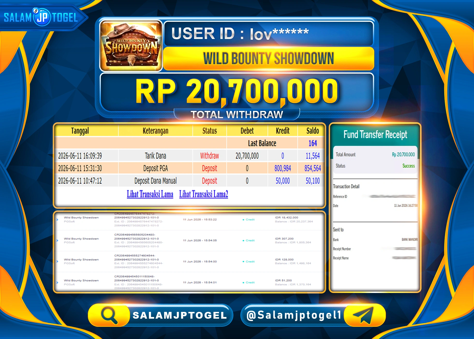 SALAMJPTOGEL JACKPOT MENANG SLOT WILD BOUNTYSHOWDOWN Rp.20,700,000 - LUNAS