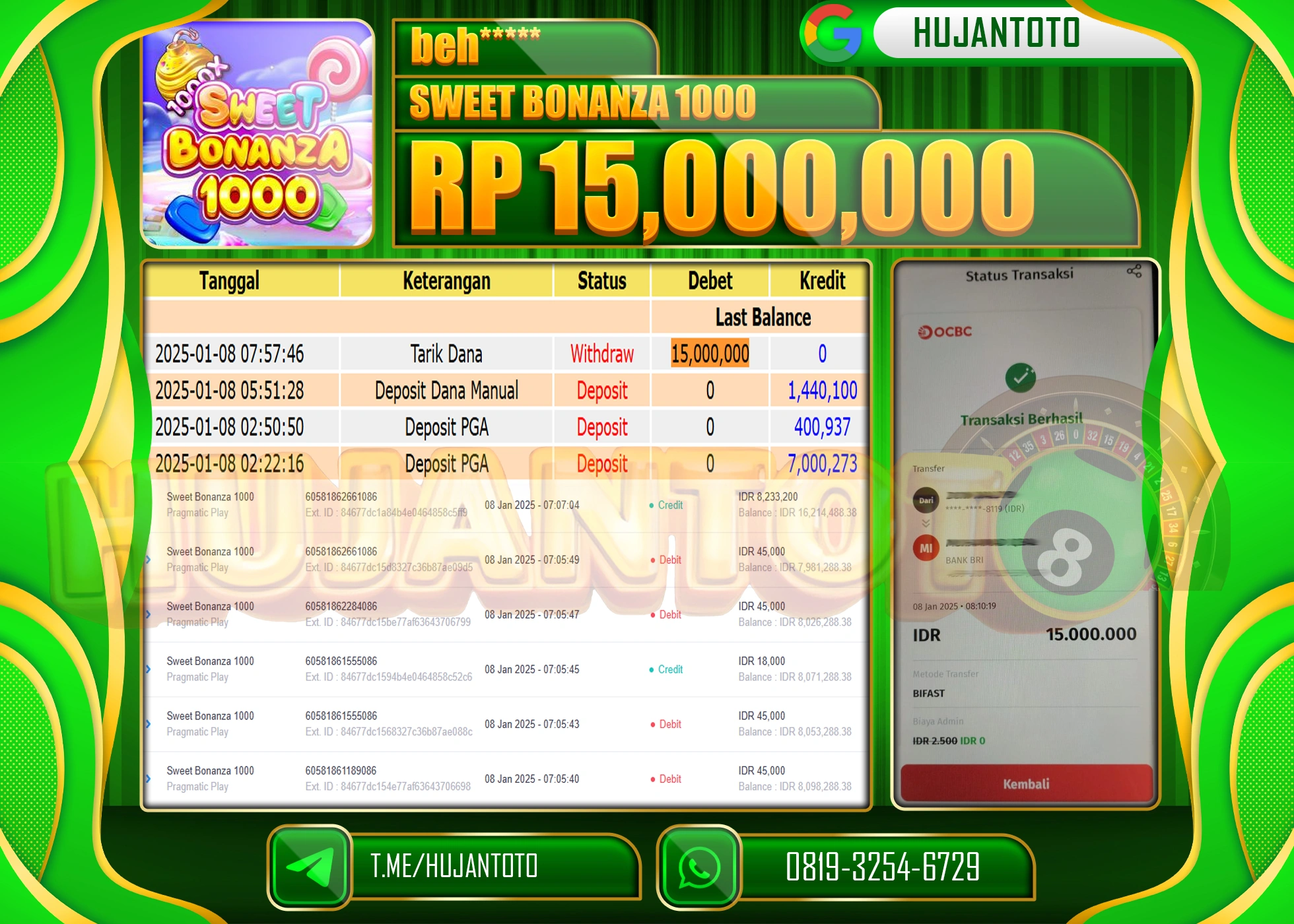 HUJANTOTO - BUKTI JACKPOT DI PERMAINAN SWEET BONANZA 1000 Rp,15,000,000  ,- TERBAYAR LUNAS