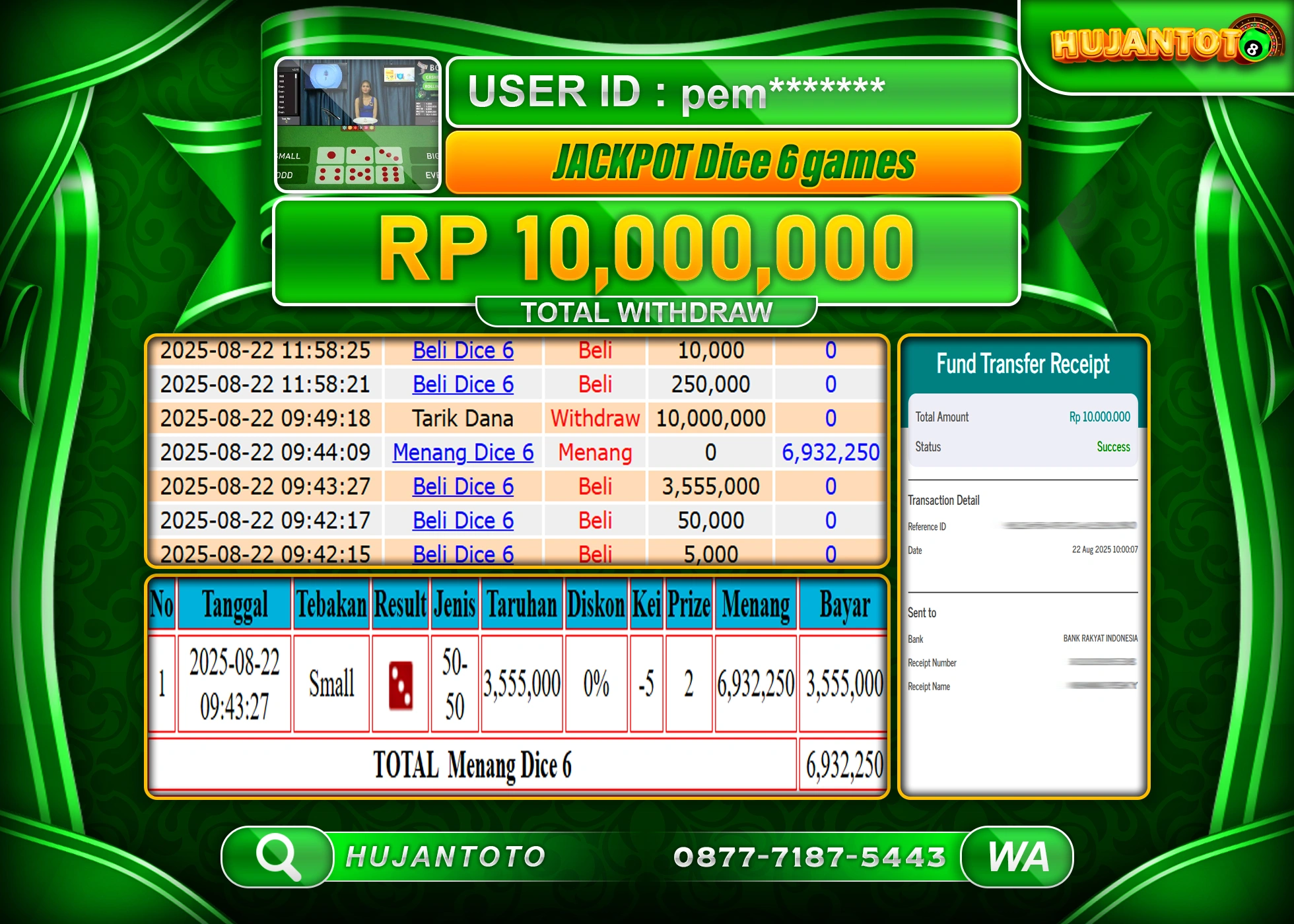 HUJANTOTO - BUKTI JACKPOT MENANG LIVEGAME DICE 6 GAMES Rp.10,000,000 - TERBAYAR LUNAS