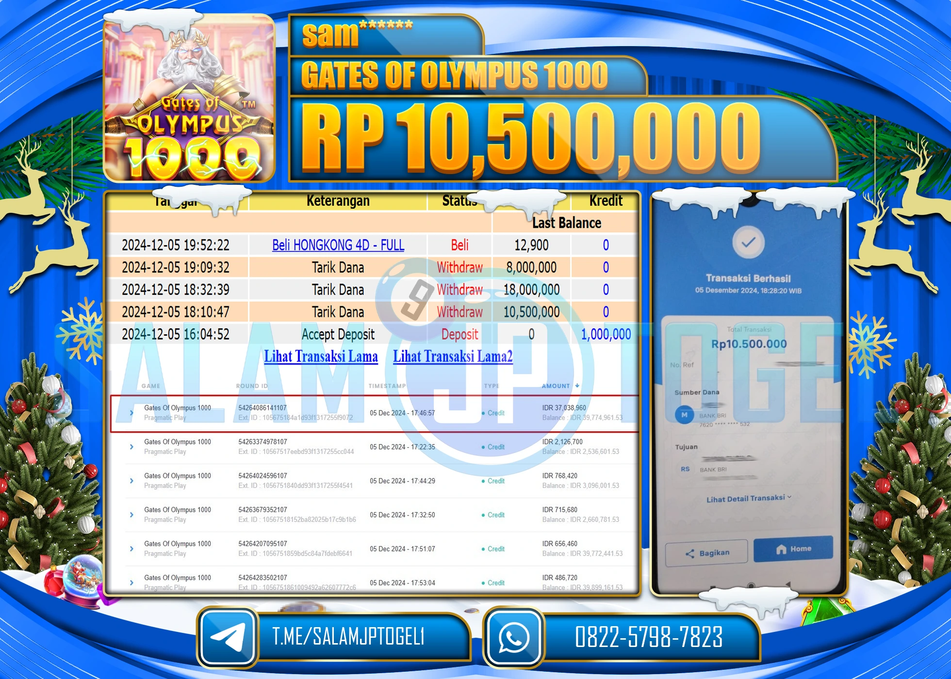 SALAMJPTOGEL MENANG SLOT GATES OF OLYMPUS 1000  RP. 10,500,0000 LUNAS