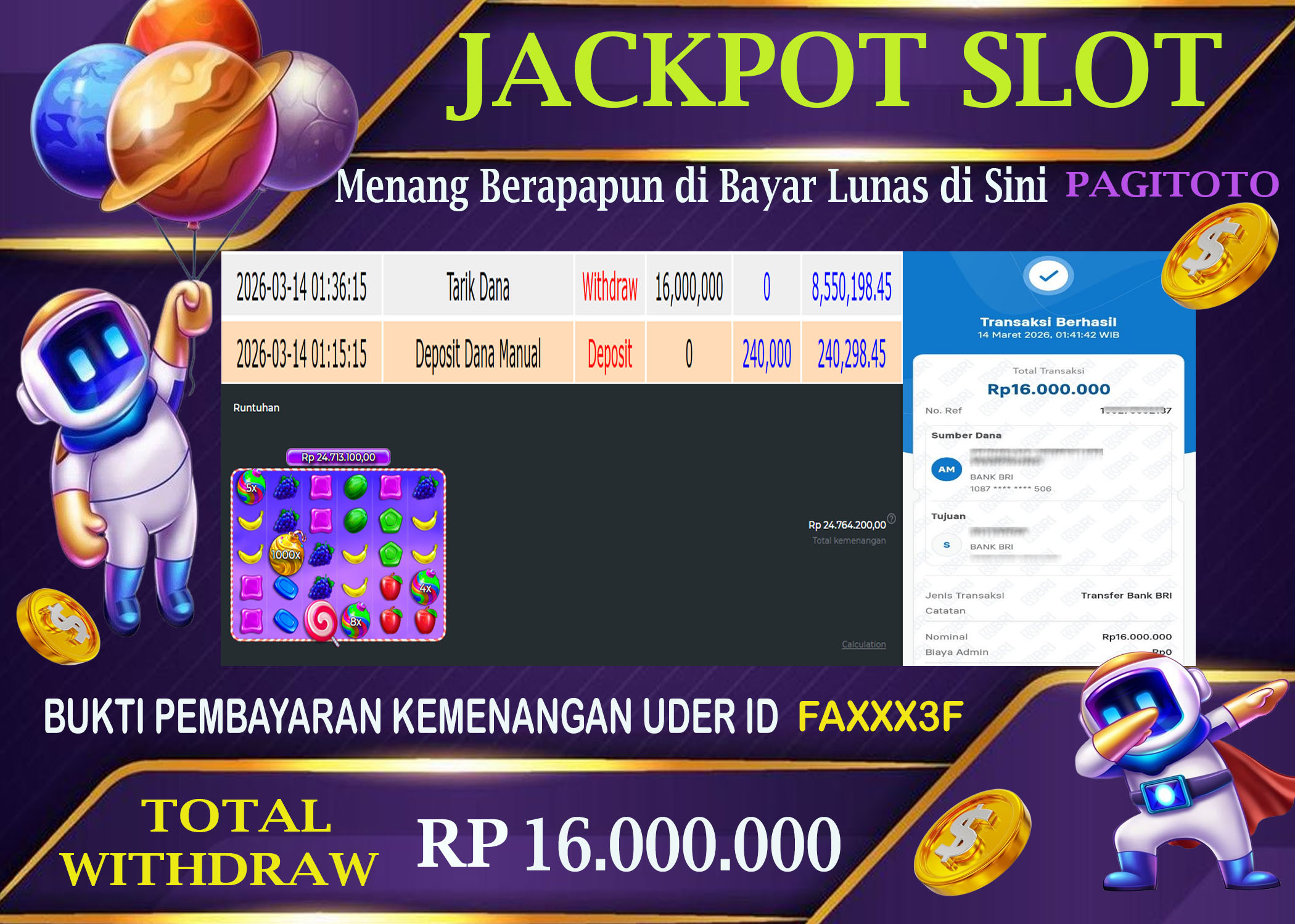 HAPPY JACKPOT MEMBER PAGITOTO SLOT SWEET BONANZA 1000 Rp  16.000.000-, - LUNAS