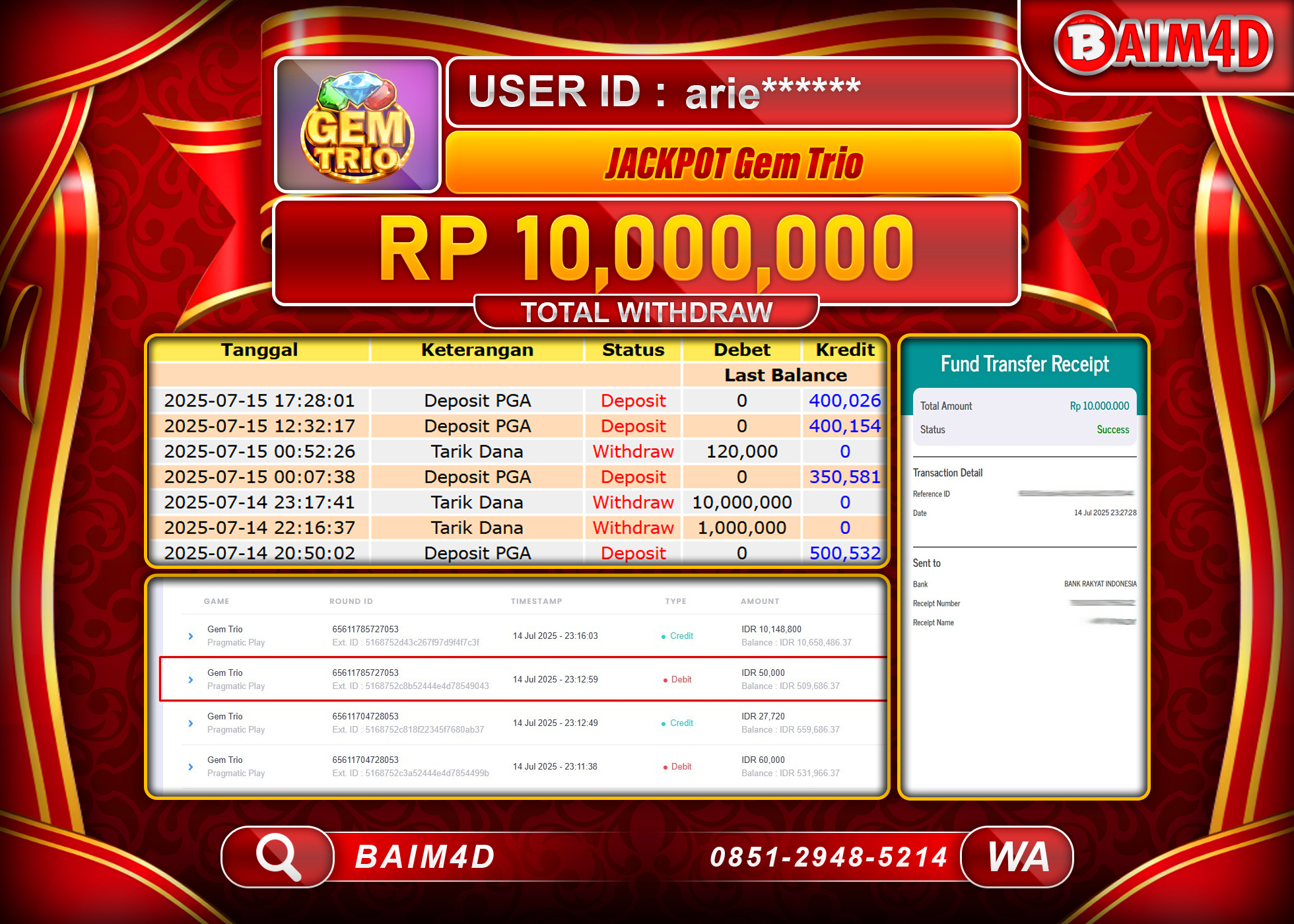 BAIM4D JACKPOT SLOT GEM TRIO - PRAGMATIC PLAY Rp.10,000,000.- LUNAS