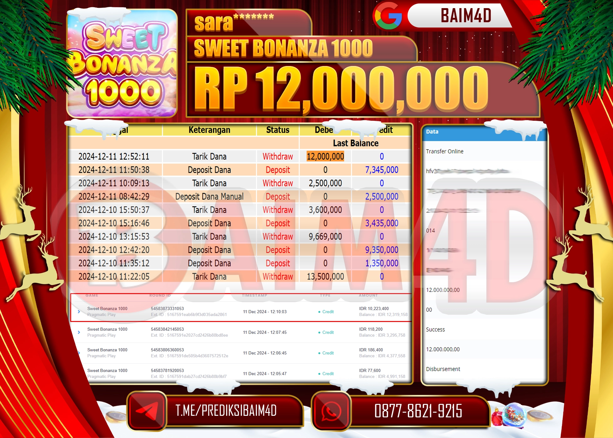 BAIM4D JACKPOT SLOT Sweet Bonanza 1000 Rp.12,000,000.- LUNAS
