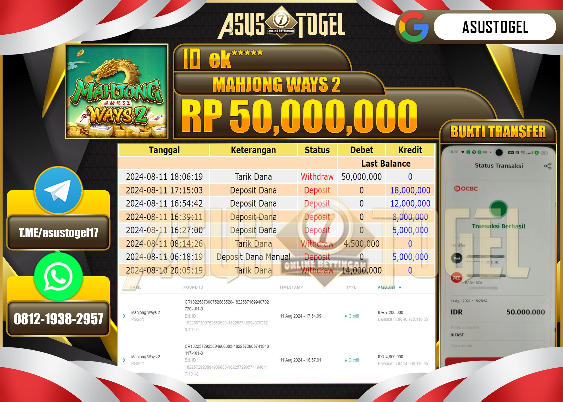 ASUSTOGEL KEMENANGAN DI MAHJONG WAYS 2 SEBESAR 50,000,000- RUPIAH LUNAS