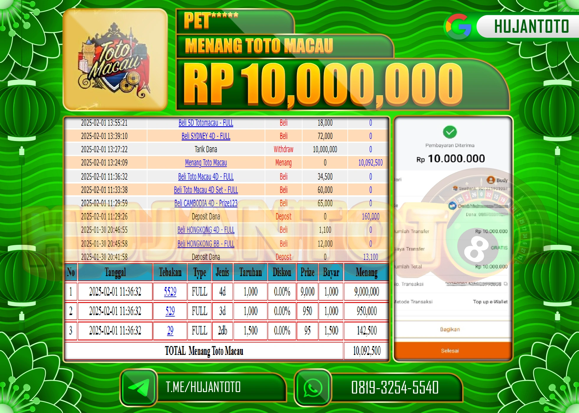 HUJANTOTO - BUKTI JACKPOT MENANG TOGEL TOTO MACAU 4D Rp,10,000,000 - TERBAYAR LUNAS