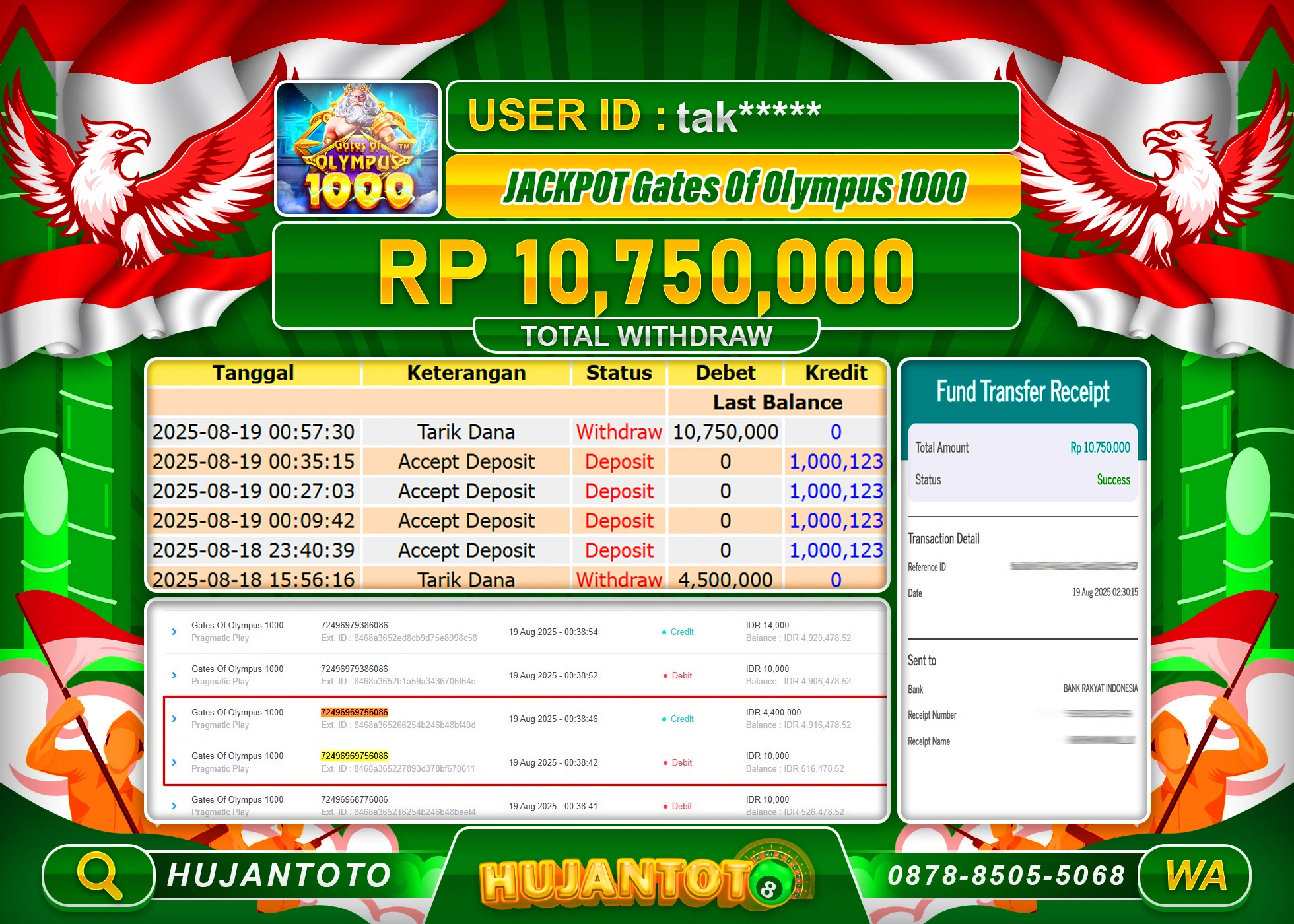 HUJANTOTO - BUKTI JACKPOT MENANG SLOT GATES OF OLYMPUS 1000 Rp.10,750,000 - TERBAYAR LUNAS