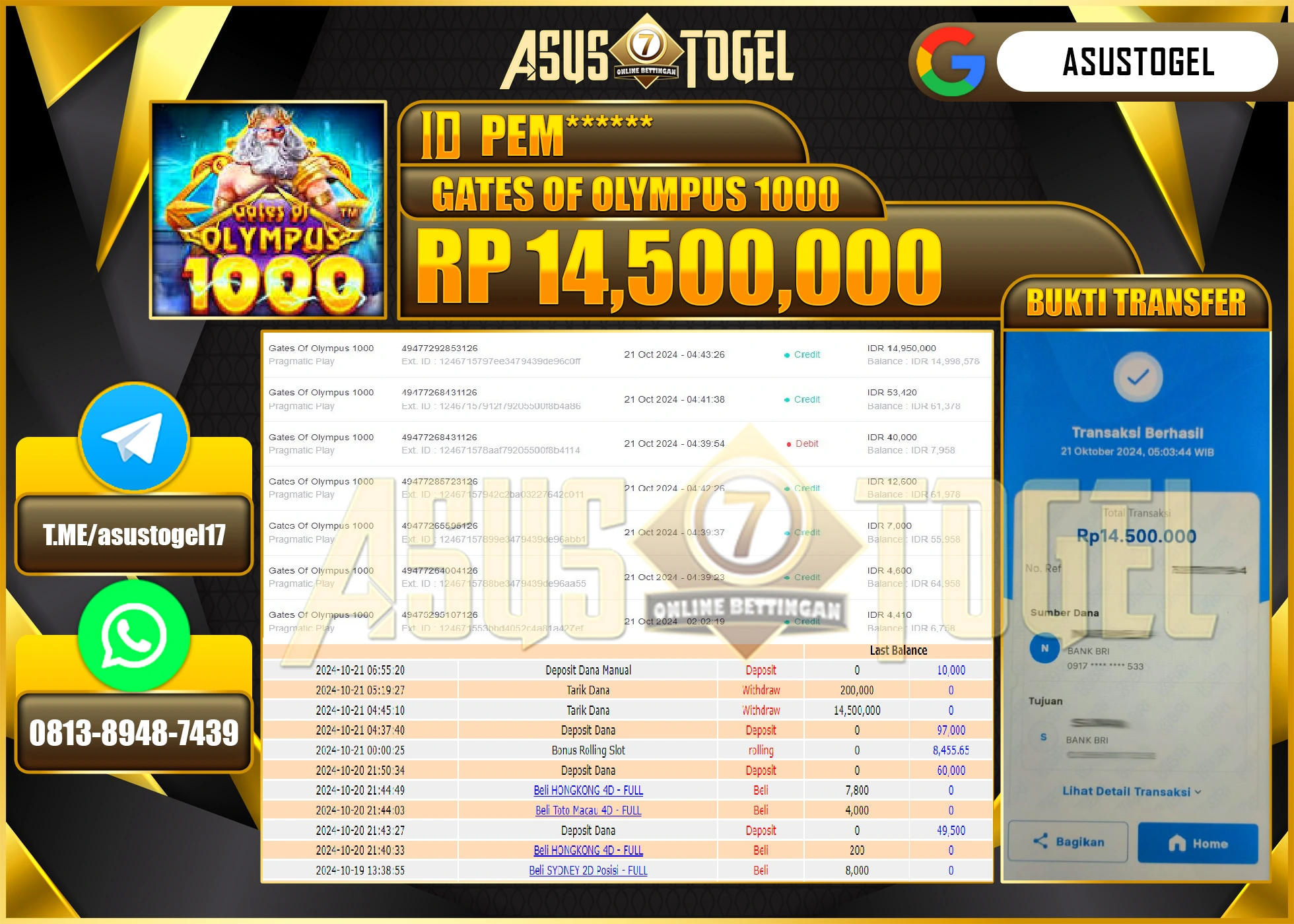 ASUSTOGEL KEMENANGAN DI GAMES GATES OF OLYMPUS 1000 SEBESAR 14,500,000- RUPIAH LUNAS