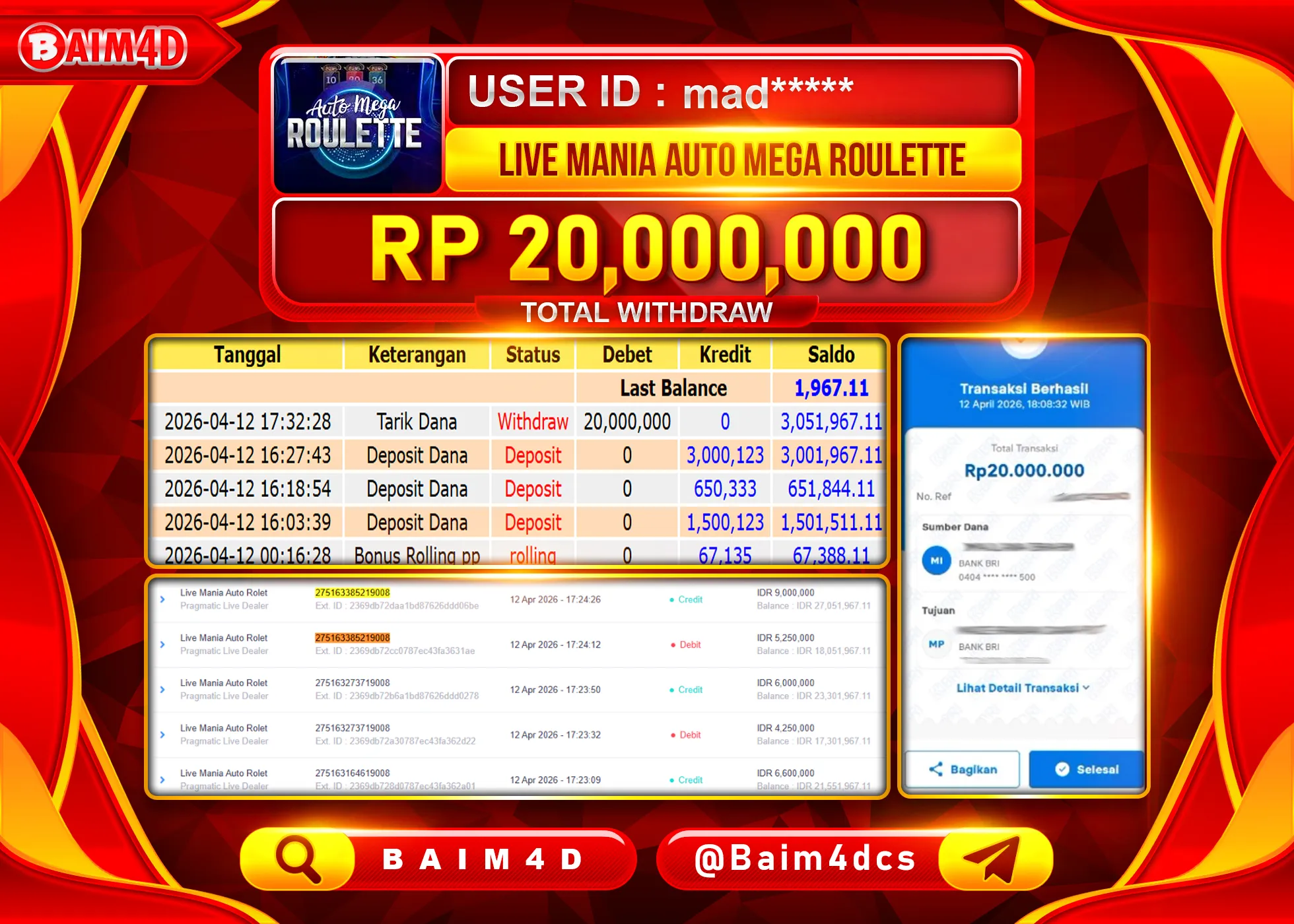 BAIM4D JACKPOT LIVE MANIA ROULETTE Rp.20,000,000 - LUNAS