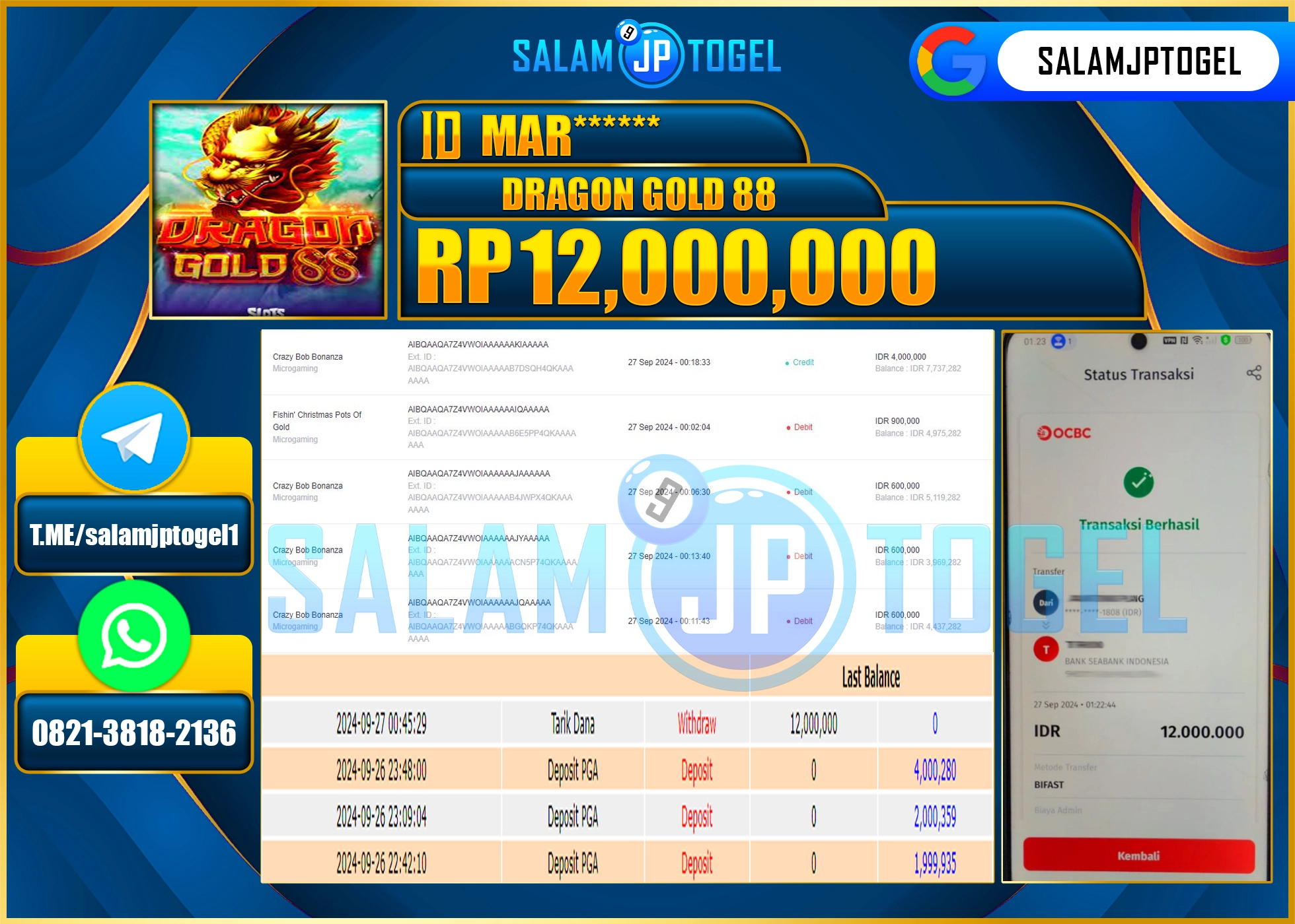 SALAMJPTOGEL MENANG DRAGON GOLD 88 RP. 12,000,000 LUNAS