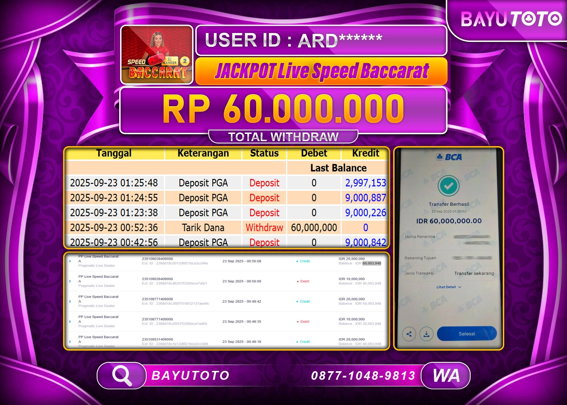 BAYUTOTO JACKPOT DI GAME  LIVEGAMES PP LIVE SPEED BACCARAT  Rp.60,000,000 LUNAS