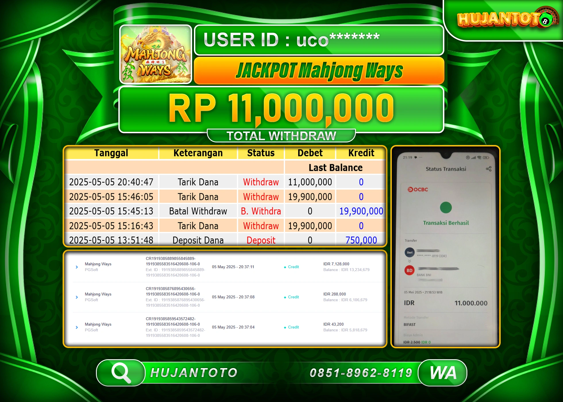 HUJANTOTO - BUKTI JACKPOT MENANG SLOT MAHJONG WAYS Rp,11,000,000 - TERBAYAR LUNAS