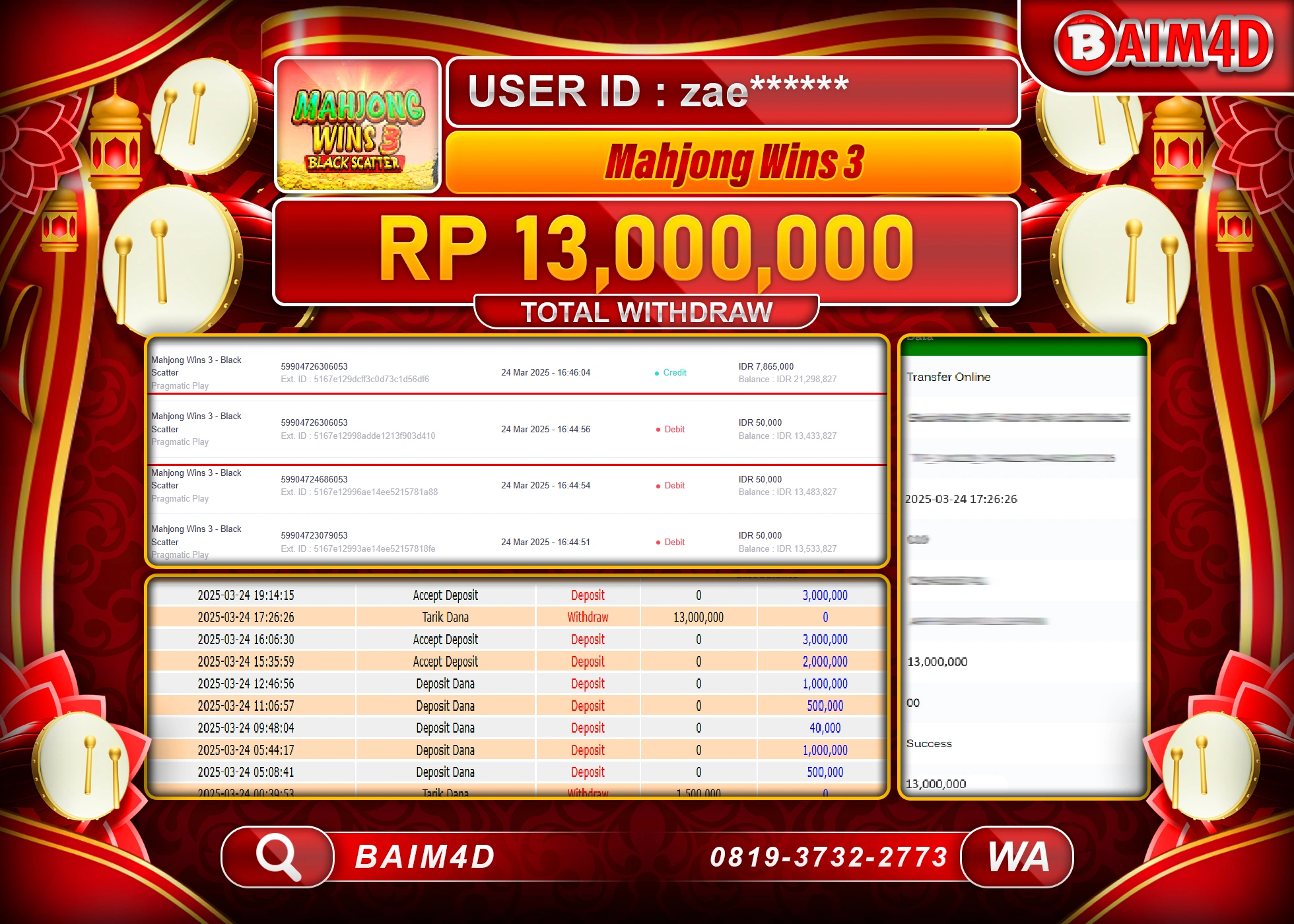 BAIM4D MENANG SLOT MAHJONG WINS 3  Rp.13.000,000.- LUNAS
