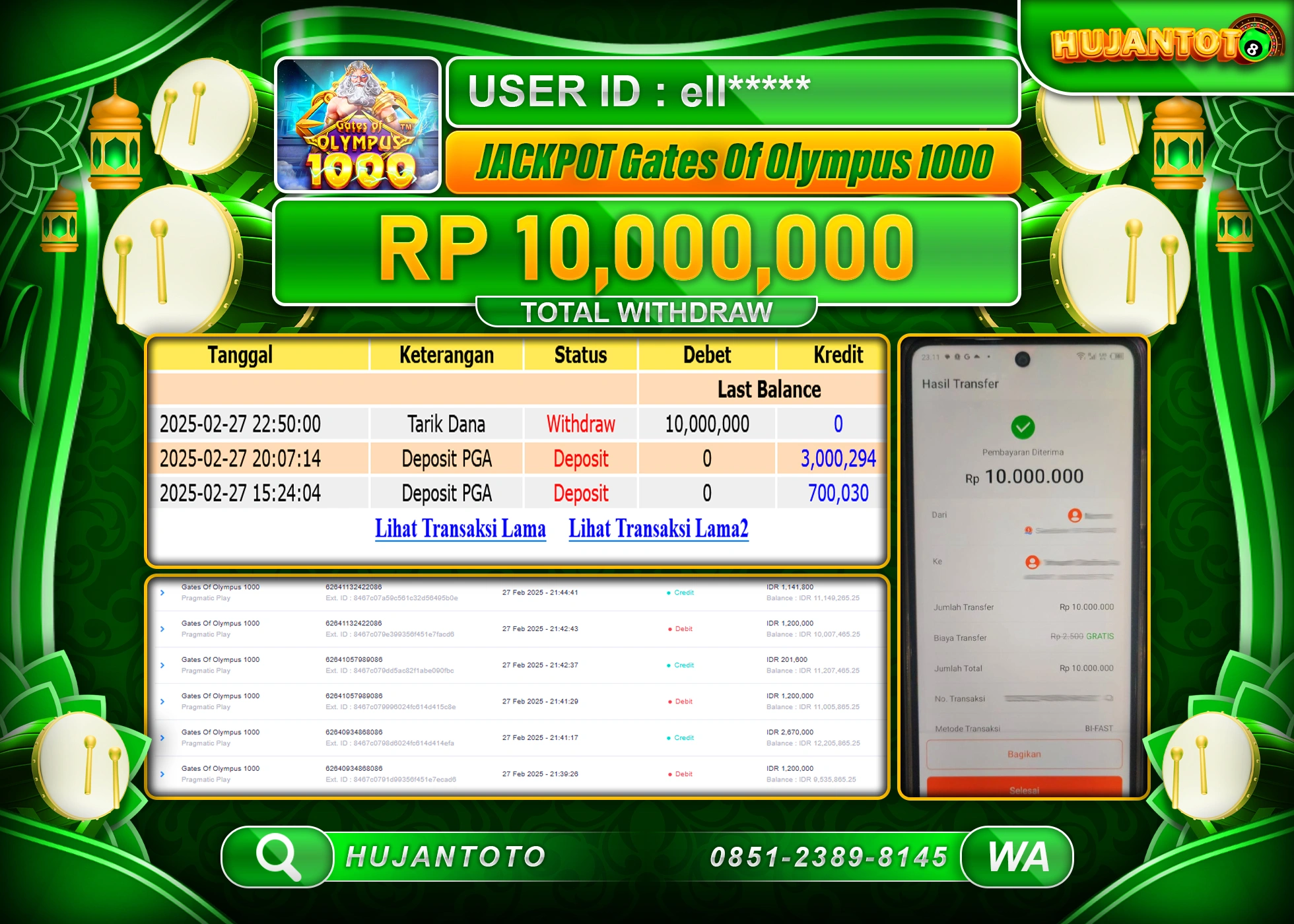 HUJANTOTO - BUKTI JACKPOT MENANG SLOT GATES OFF OLYMPUS 1000, Rp,10,000,000 - TERBAYAR LUNAS